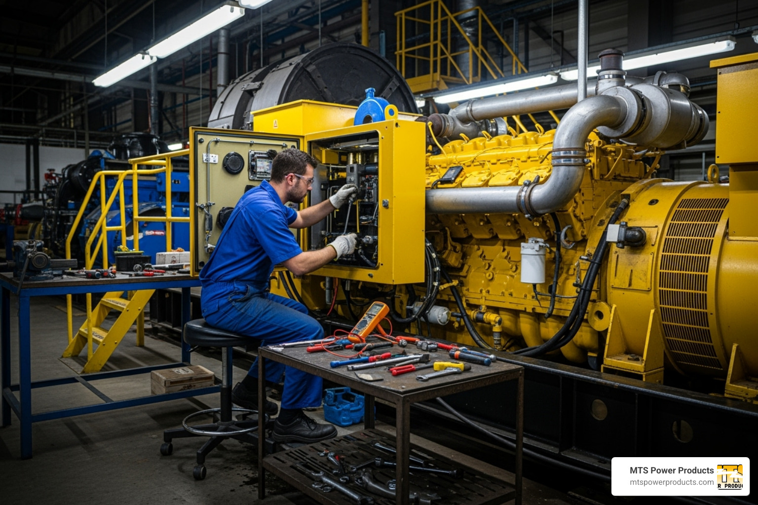 technician performing maintenance on a diesel generator - diesel backup generators