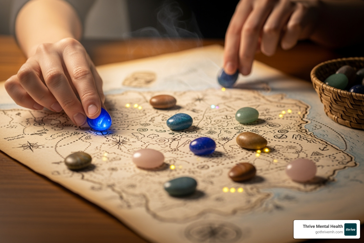 A person's hands delicately placing small, colorful stones onto a large paper map, illustrating a journey with winding paths and symbolic markers. Alt text: A person mapping their grief journey with art, using stones to mark progress. - art therapy activities for grief