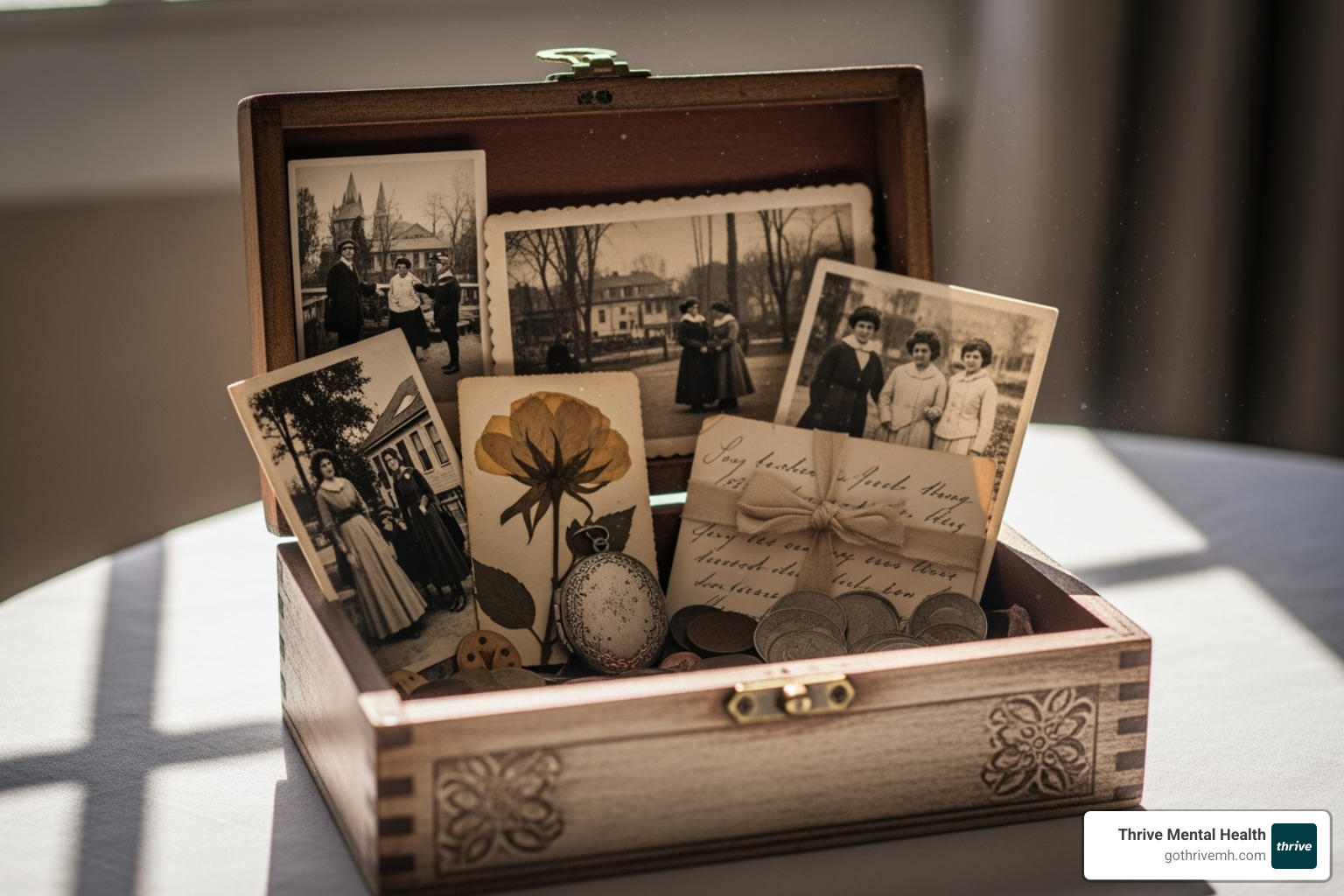 A beautifully decorated memory box filled with small mementos and photos. Alt text: A memory box, one of the key art therapy activities for grief. - art therapy activities for grief