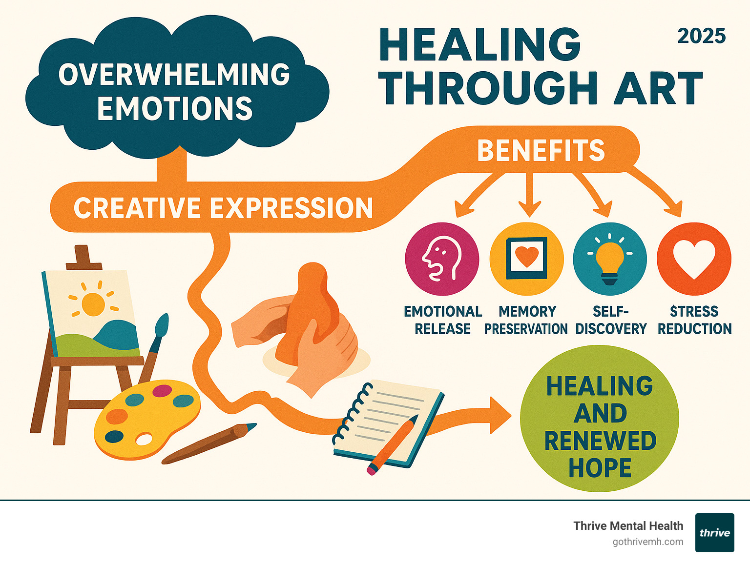 Infographic showing the grief healing process through art: Starting with overwhelming emotions at the top, flowing down through creative expression activities like painting, sculpting, and journaling, then branching into benefits including emotional release, memory preservation, self-findy, and stress reduction, ultimately leading to healing and renewed hope - art therapy activities for grief infographic 