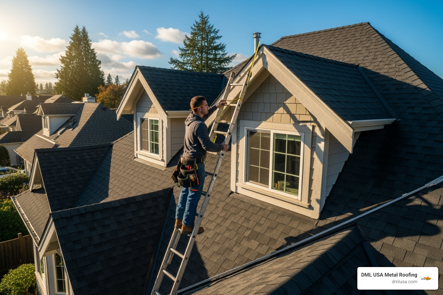 a roofer measuring a complex roof with multiple gables - cost of replacing shingle roof