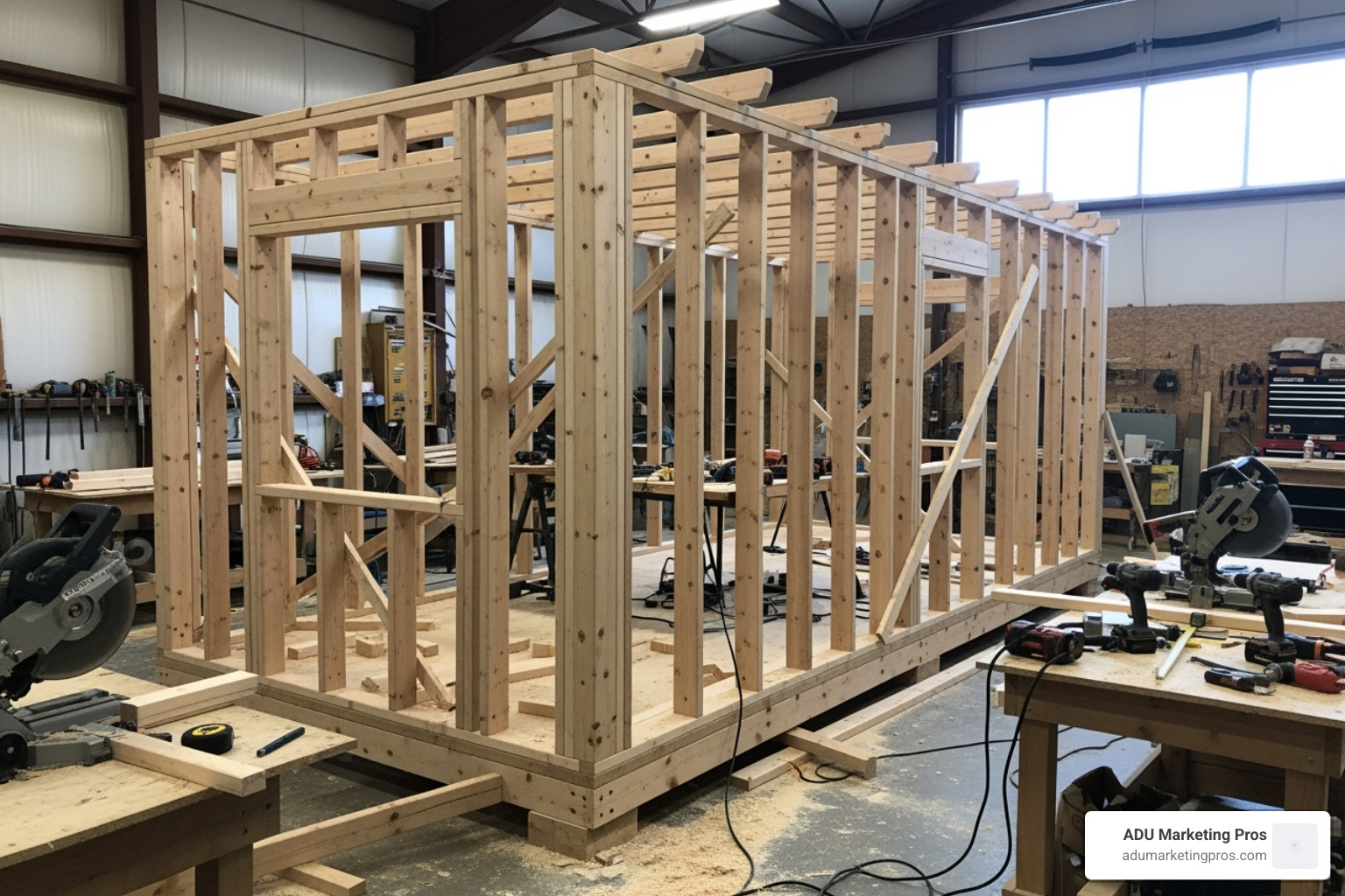 Tiny house frame under construction in a workshop - tiny house sf bay area