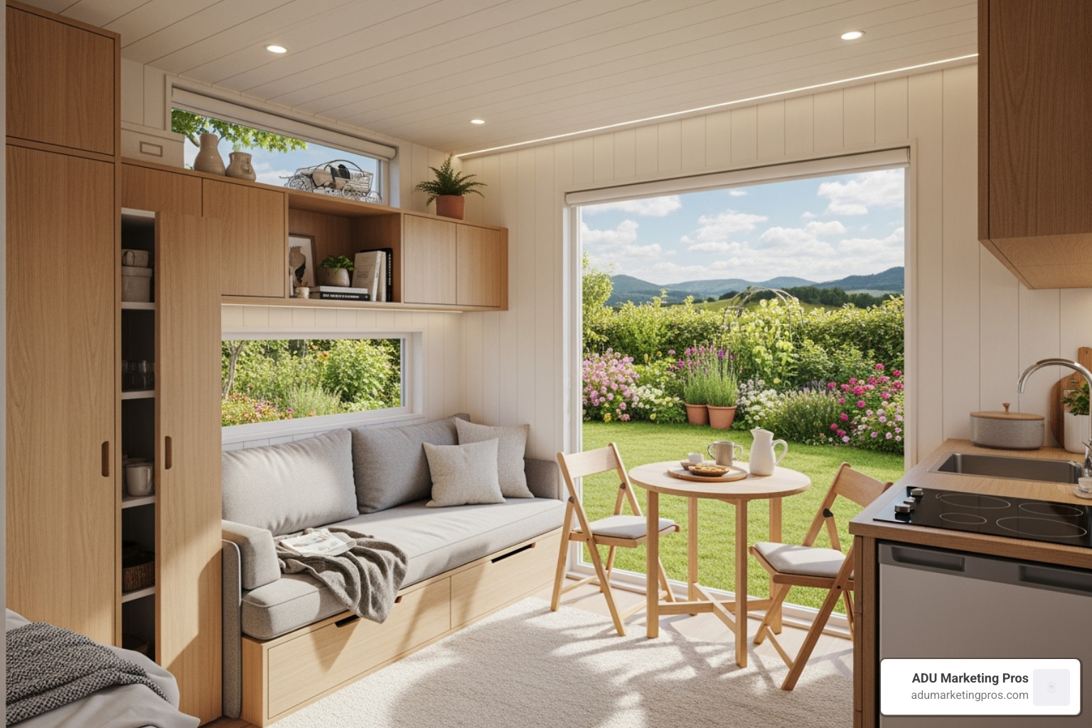 Interior of a cozy, well-organized tiny house with a view of a garden or nature outside the window - tiny house sf bay area