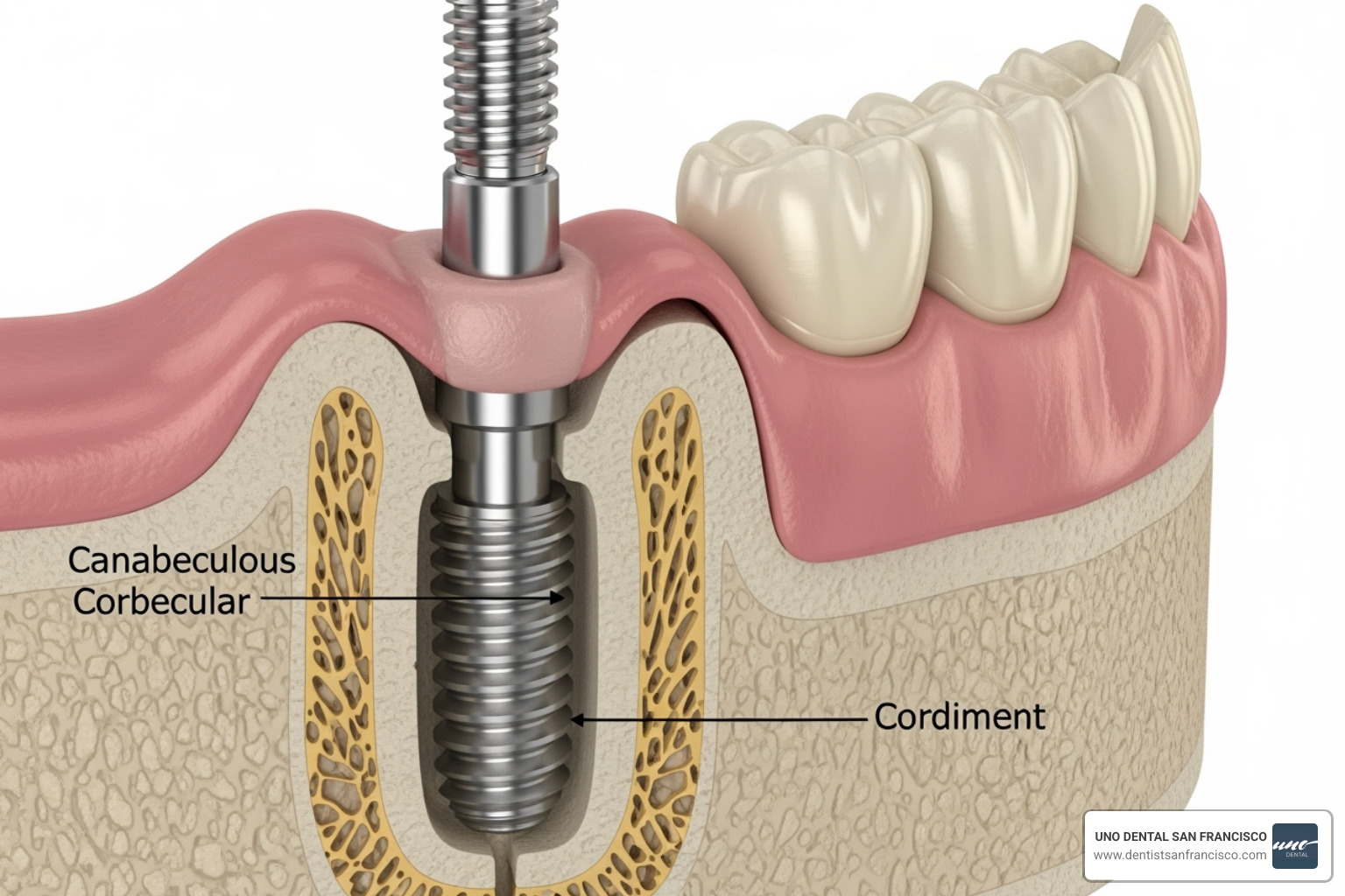anatomy of an implant-supported denture showing implant, abutment, and denture - Implant supported dentures cost