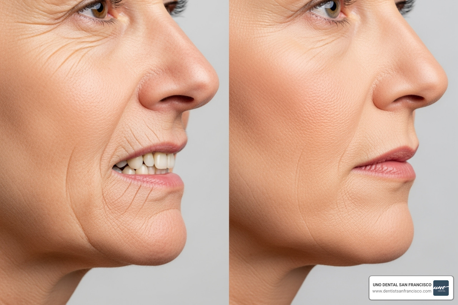 facial structure comparison of a person with significant bone loss due to missing teeth versus a person with preserved bone structure thanks to dental implants - Implant supported dentures cost