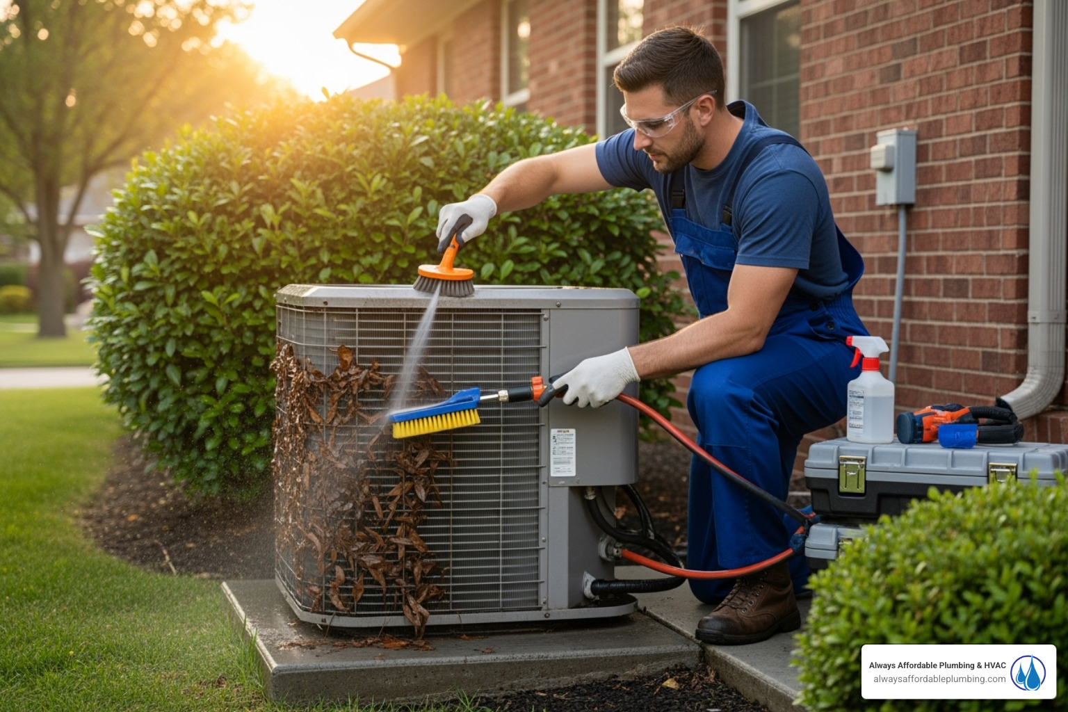 A professional HVAC technician is carefully cleaning the outdoor condenser unit of an AC system, ensuring all debris and dirt are removed for optimal performance. - AC maintenance Folsom