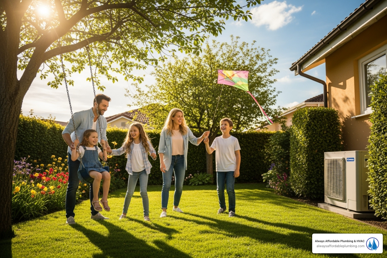 A happy family enjoying their backyard on a sunny day, with a well-maintained AC unit visible in the background, symbolizing comfort and peace of mind. - AC maintenance Folsom