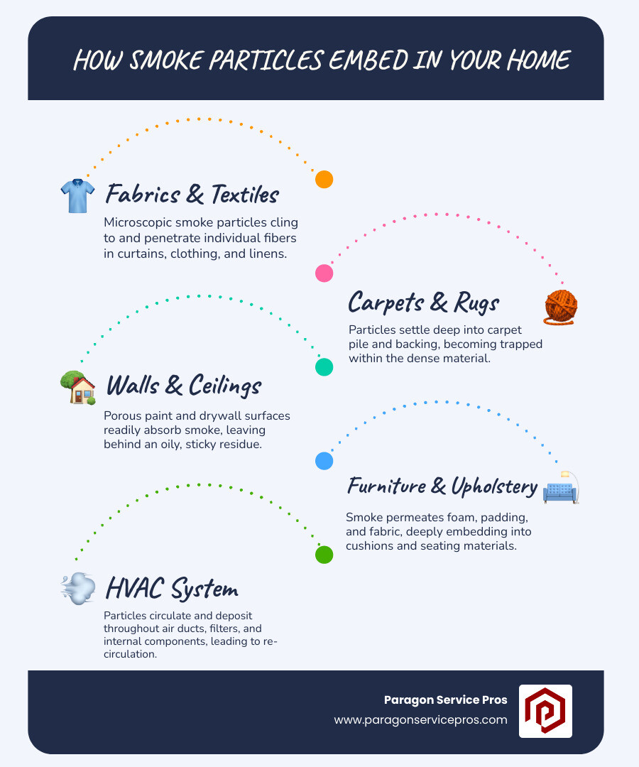 Infographic showing how microscopic smoke particles penetrate and embed into porous household surfaces including fabric fibers, drywall pores, carpet backing, and furniture upholstery, with arrows indicating particle movement and adhesion points - smoke odor removal infographic infographic-line-5-steps-blues-accent_colors Infographic showing how microscopic smoke particles penetrate and embed into porous household surfaces including fabric fibers, drywall pores, carpet backing, and furniture upholstery, with arrows indicating particle movement and adhesion points - smoke odor removal infographic infographic-line-5-steps-blues-accent_colors