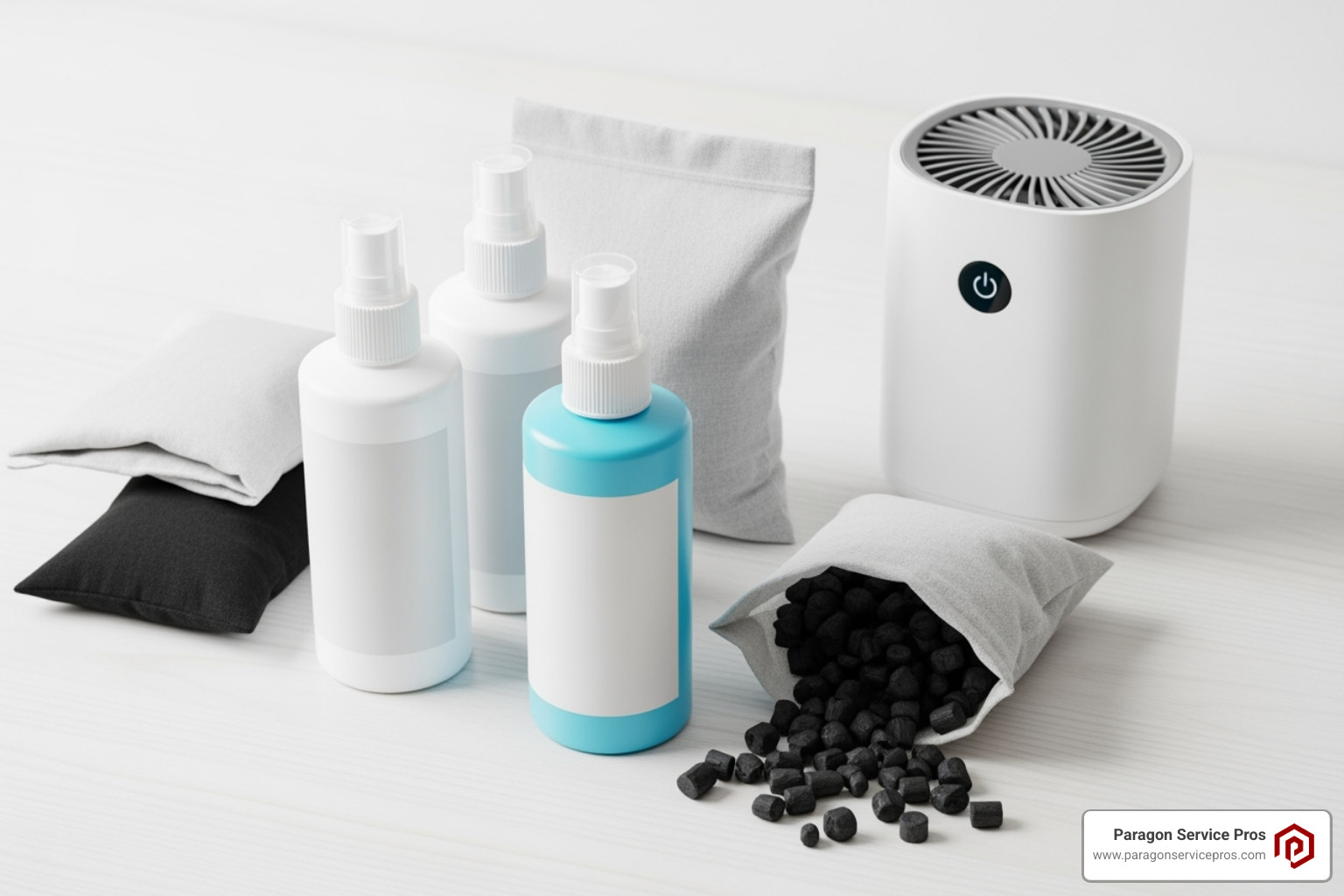 collection of generic odor-eliminating products like sprays, charcoal bags, and an air purifier - smoke odor removal collection of generic odor-eliminating products like sprays, charcoal bags, and an air purifier - smoke odor removal