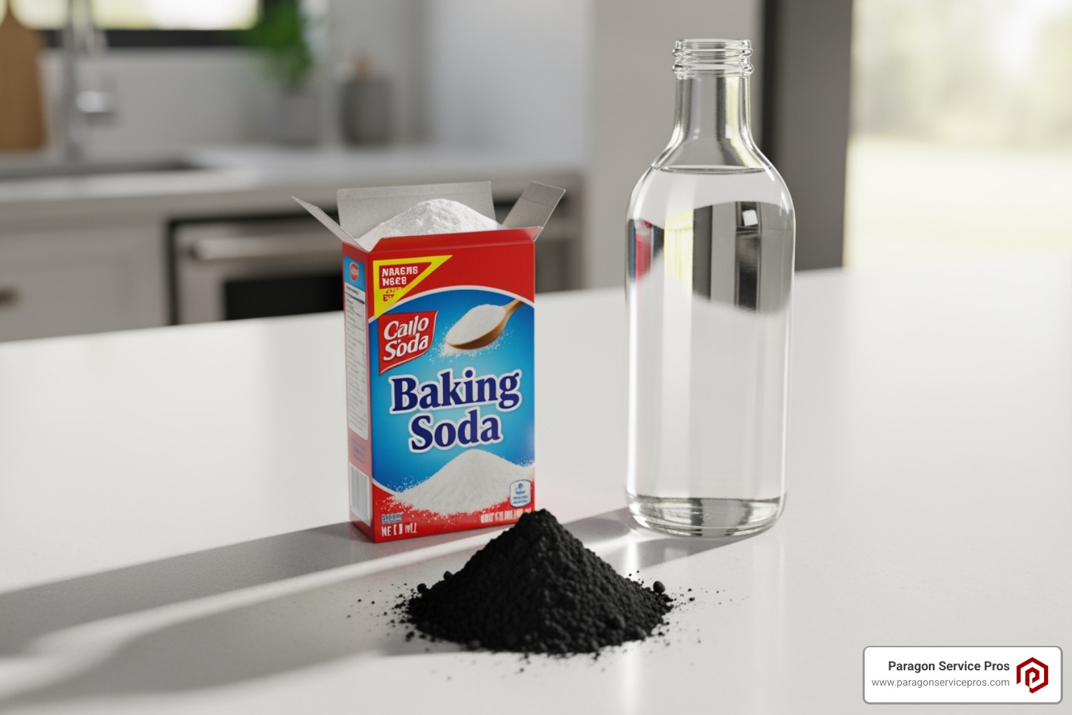 DIY ingredients like baking soda, white vinegar, and activated charcoal on a clean kitchen counter - smoke odor removal DIY ingredients like baking soda, white vinegar, and activated charcoal on a clean kitchen counter - smoke odor removal