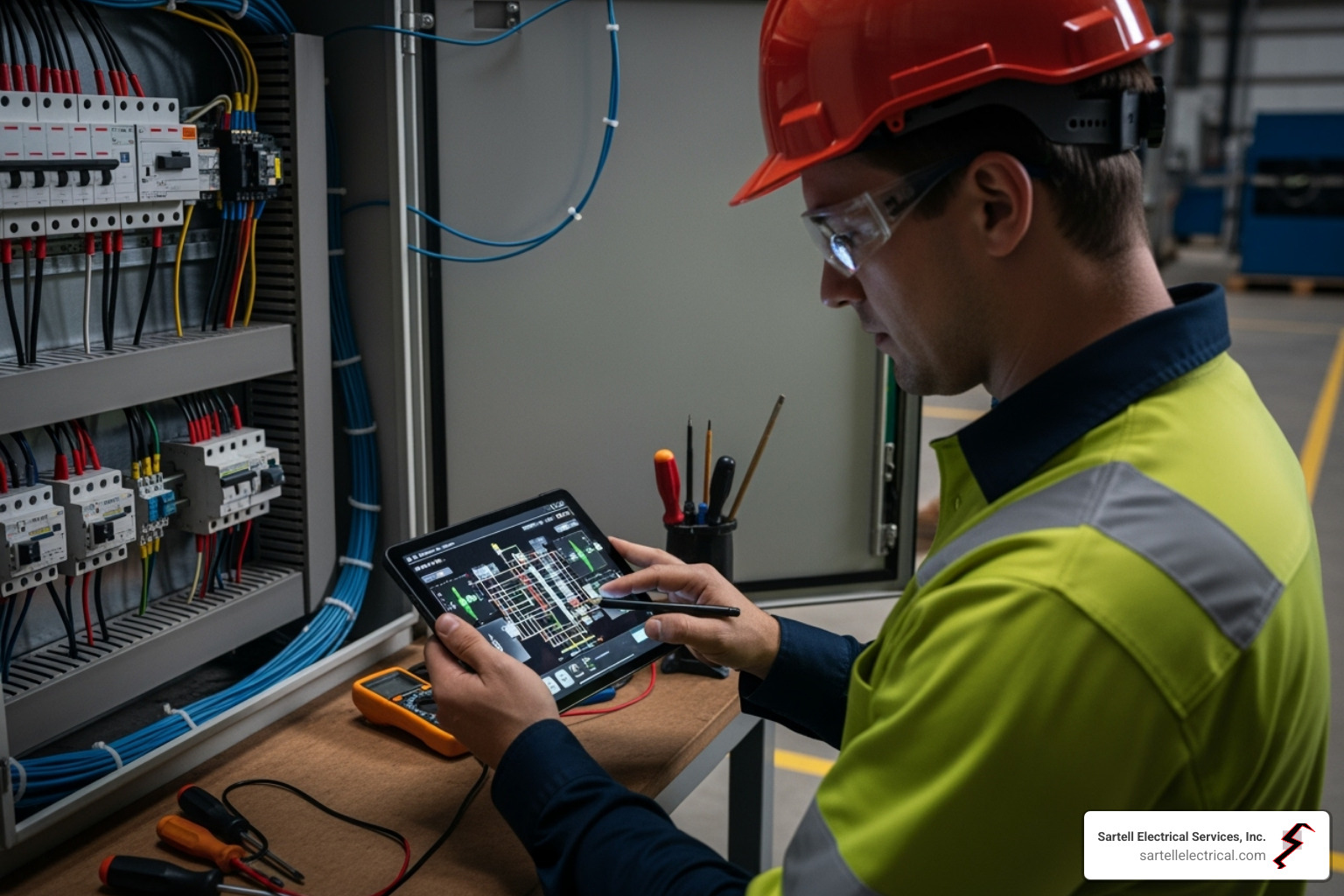 of a technician inspecting an electrical panel with a tablet - electrical network monitoring
