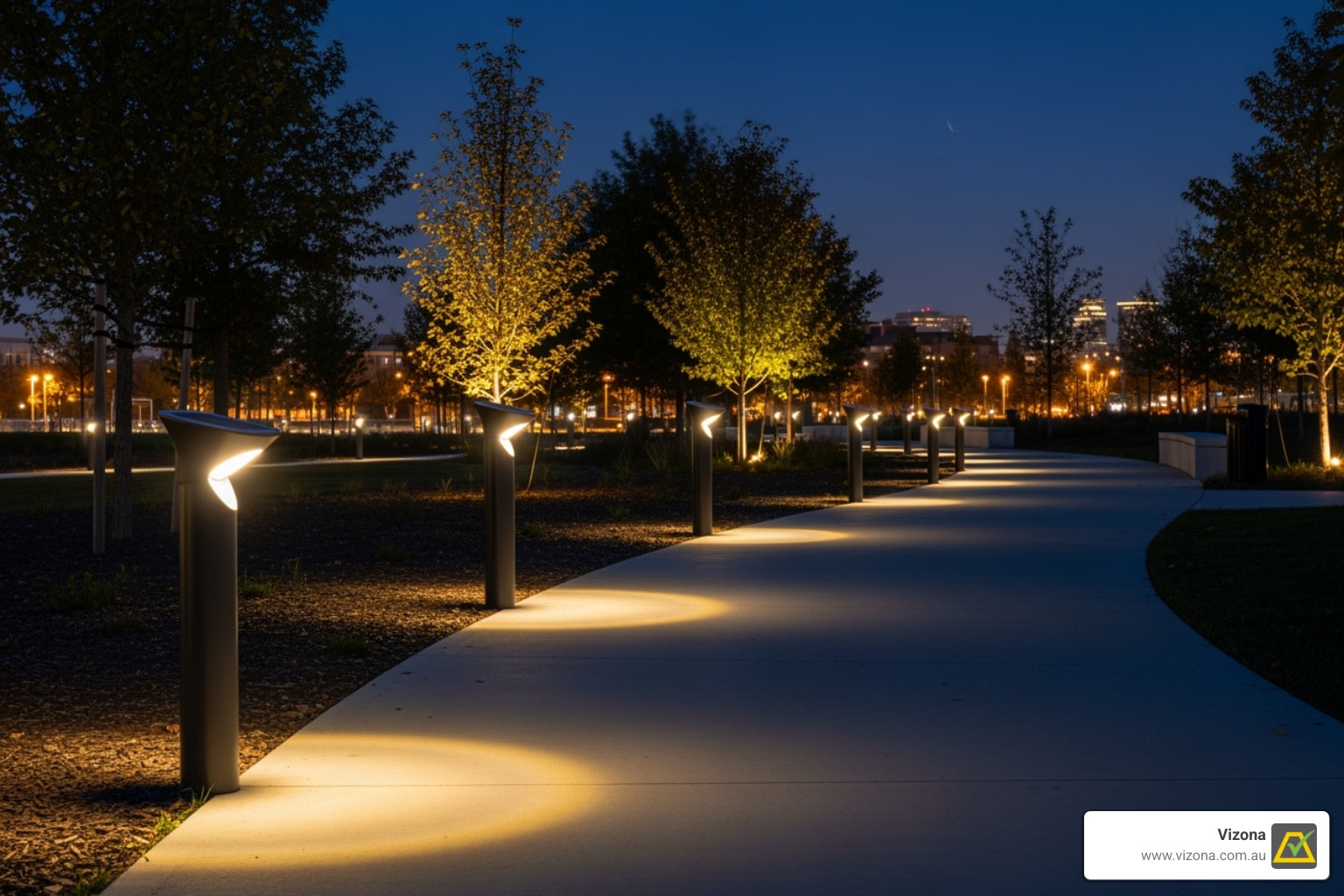Solar bollard lights illuminating a modern public park pathway at night. - Solar bollard lights