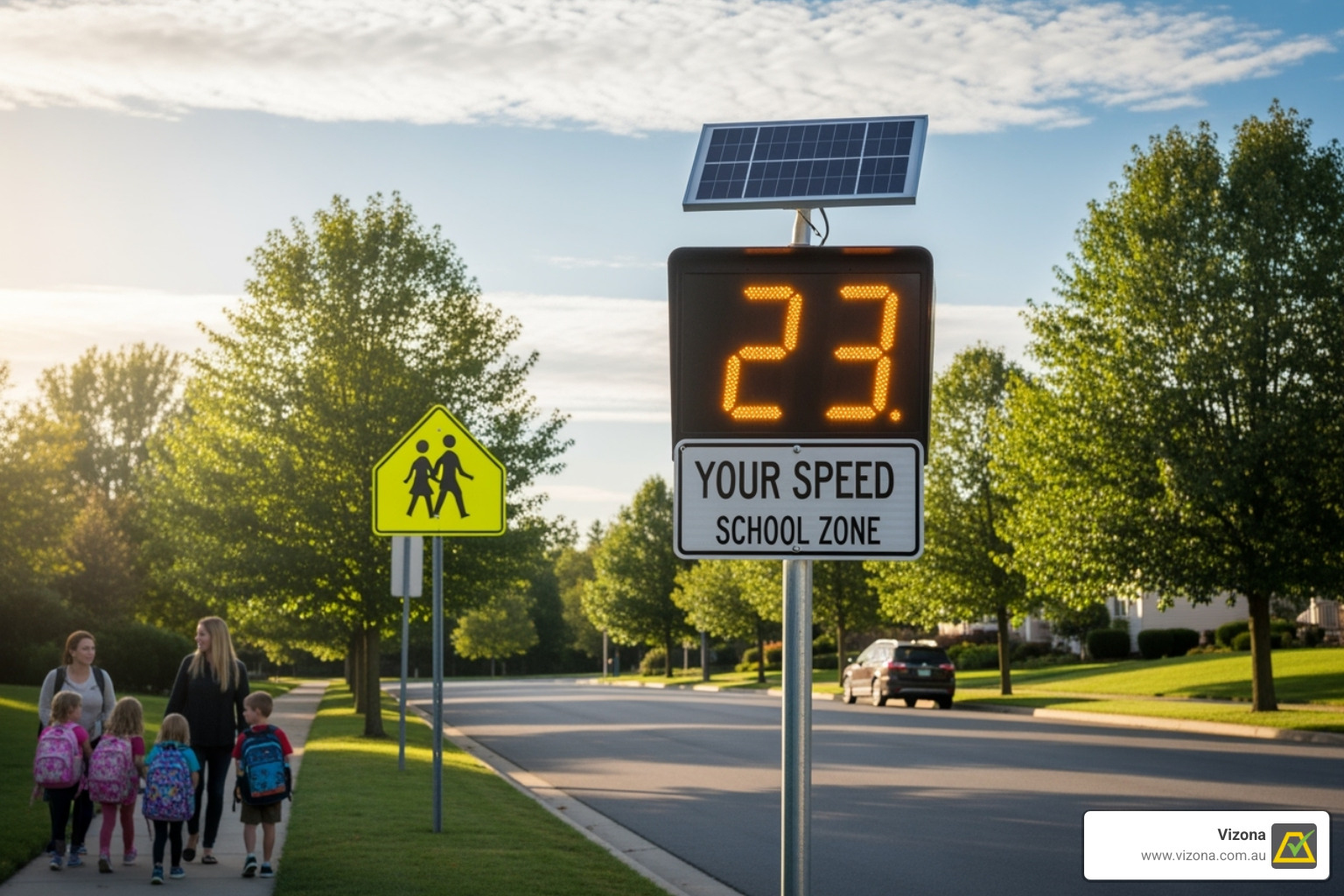 Image of a solar radar speed sign effectively calming traffic in a school zone - solar radar speed sign