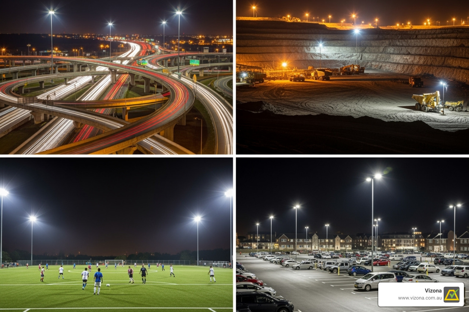 Collage: highway interchange, mine site, community sports field, urban car park. - solar high mast pole manufacturer
