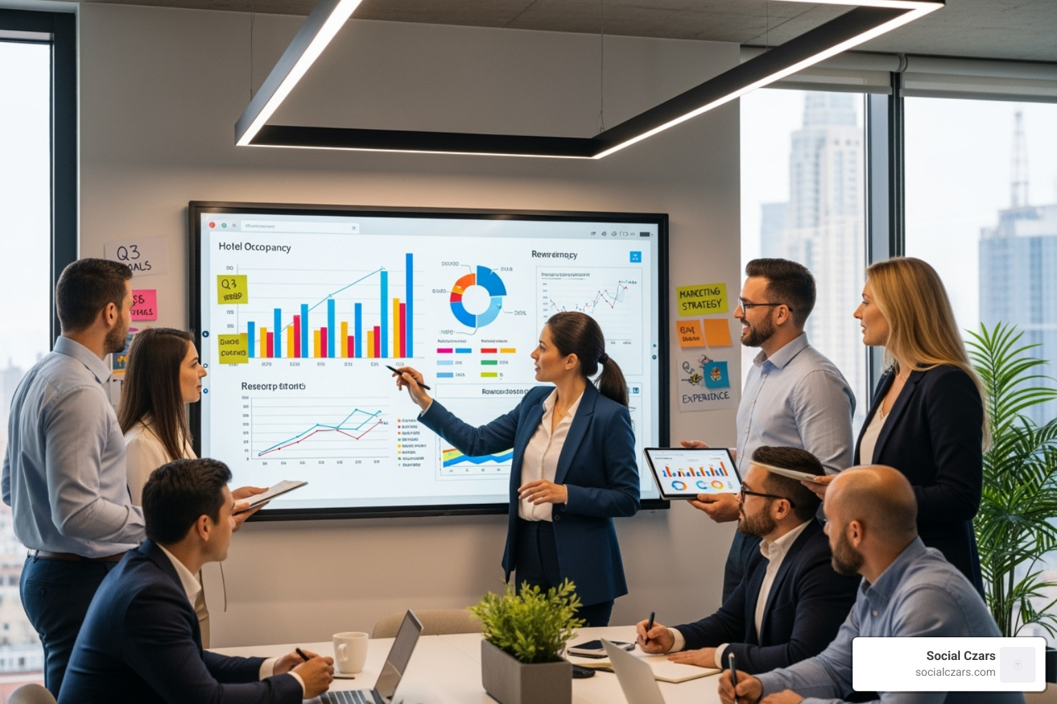 hotel team collaborating around a whiteboard with charts - competitive hotel analysis
