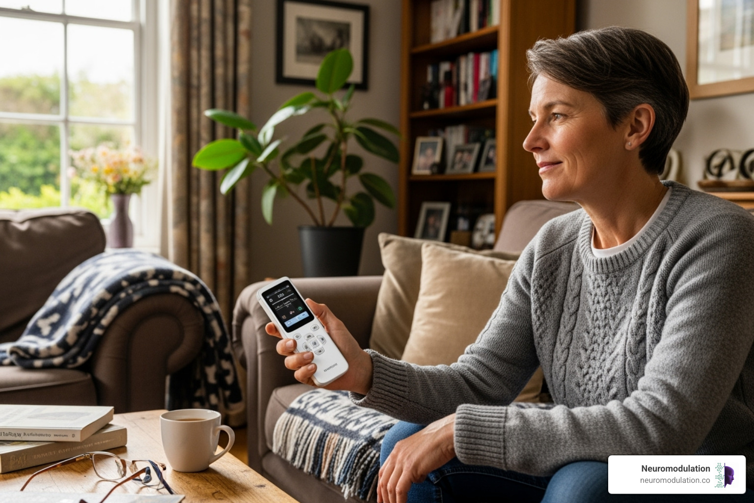 Image of a patient using their remote control in a home setting - what is a stimulator