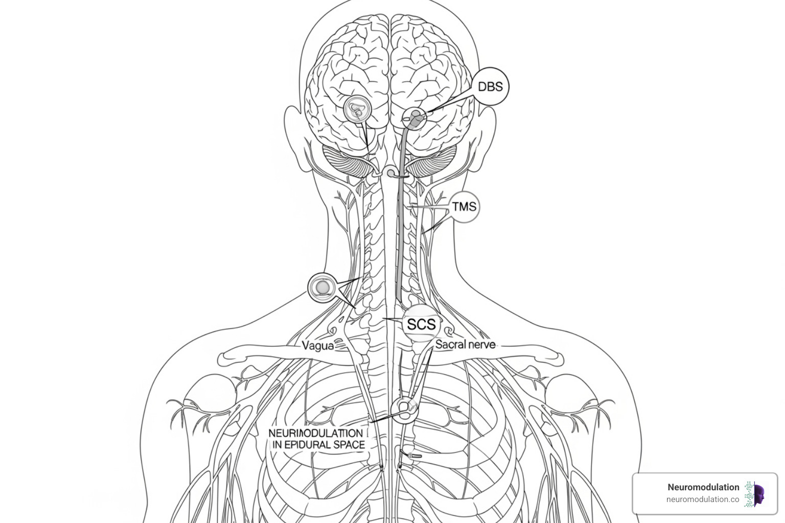 Image illustrating the different placement locations for SCS and related neuromodulation therapies - what is a stimulator