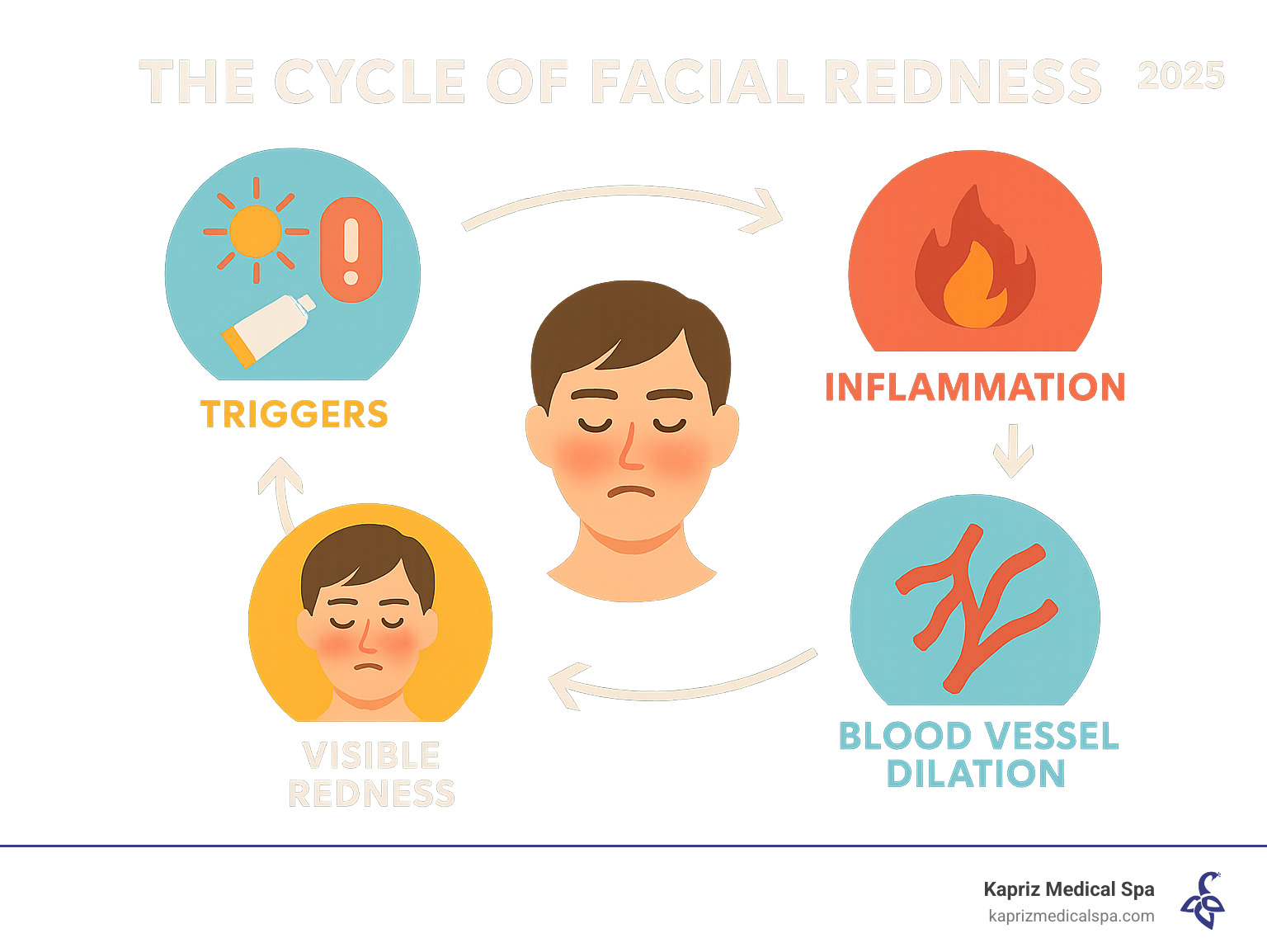 Infographic showing the cycle of facial redness: triggers like sun exposure, stress, and irritants lead to inflammation, which causes blood vessel dilation and visible redness, creating a cycle that can worsen over time without proper management - Reduce facial redness infographic Infographic showing the cycle of facial redness: triggers like sun exposure, stress, and irritants lead to inflammation, which causes blood vessel dilation and visible redness, creating a cycle that can worsen over time without proper management - Reduce facial redness infographic
