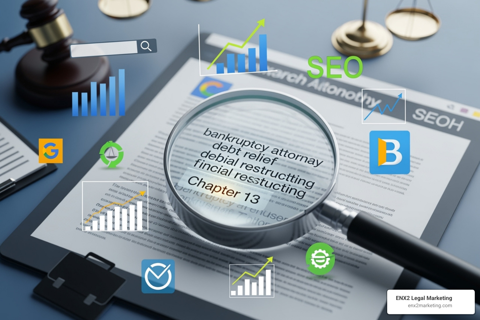 A mobile phone and desktop showing a responsive law firm website - search engine optimization for bankruptcy attorneys