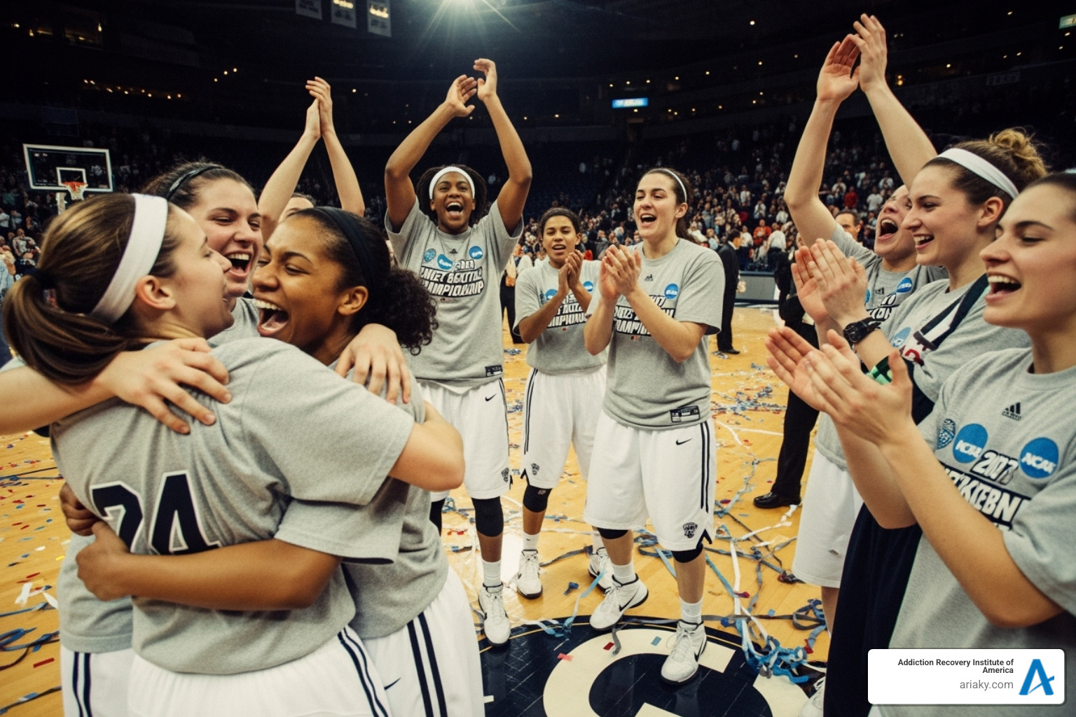 A historical photo from the 2007 Sweet Sixteen game, showing Bowling Green players celebrating - Bowling Green women's