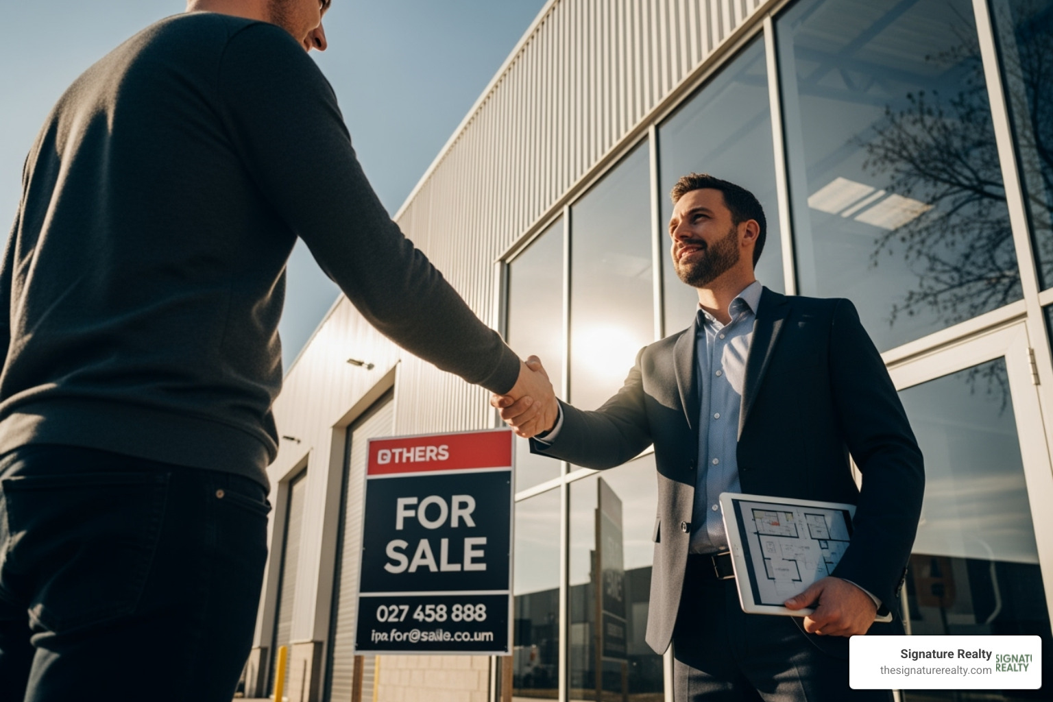 Real estate agent shaking hands with a client in front of a modern industrial warehouse - industrial warehouse for rent miami Real estate agent shaking hands with a client in front of a modern industrial warehouse - industrial warehouse for rent miami