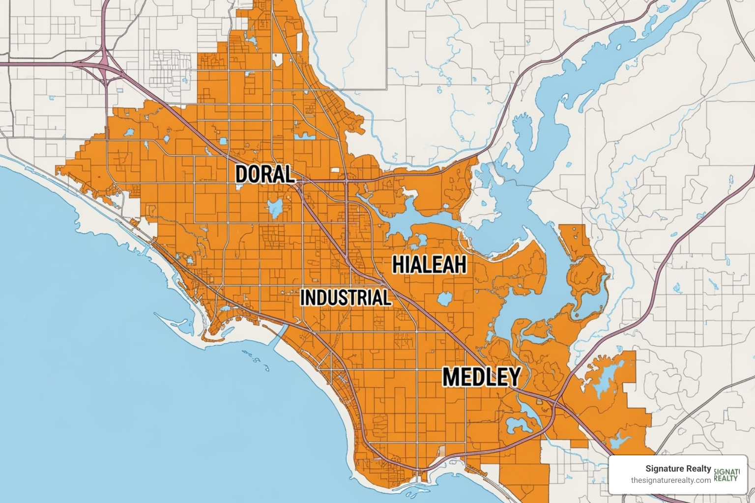 Map highlighting key industrial zones in Miami, Doral, Hialeah, and Medley - industrial warehouse for rent miami Map highlighting key industrial zones in Miami, Doral, Hialeah, and Medley - industrial warehouse for rent miami