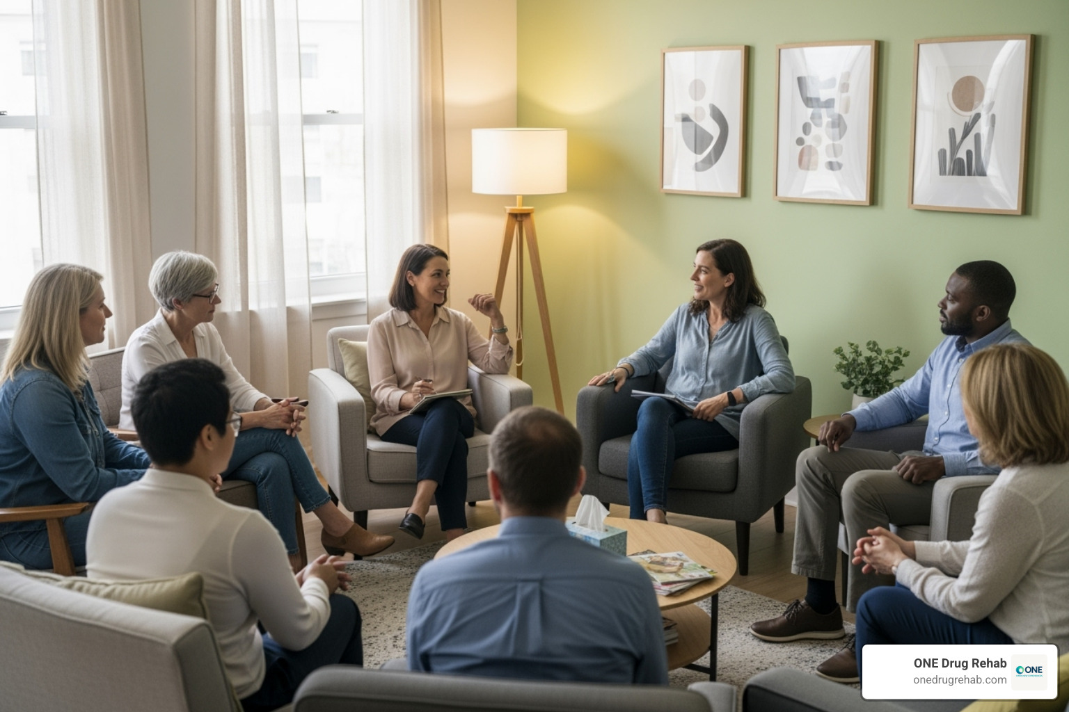 A group of diverse individuals engaged in a therapy session, seated in a comfortable room, with a therapist facilitating the discussion - is intensive outpatient rehab a 12 step program A group of diverse individuals engaged in a therapy session, seated in a comfortable room, with a therapist facilitating the discussion - is intensive outpatient rehab a 12 step program