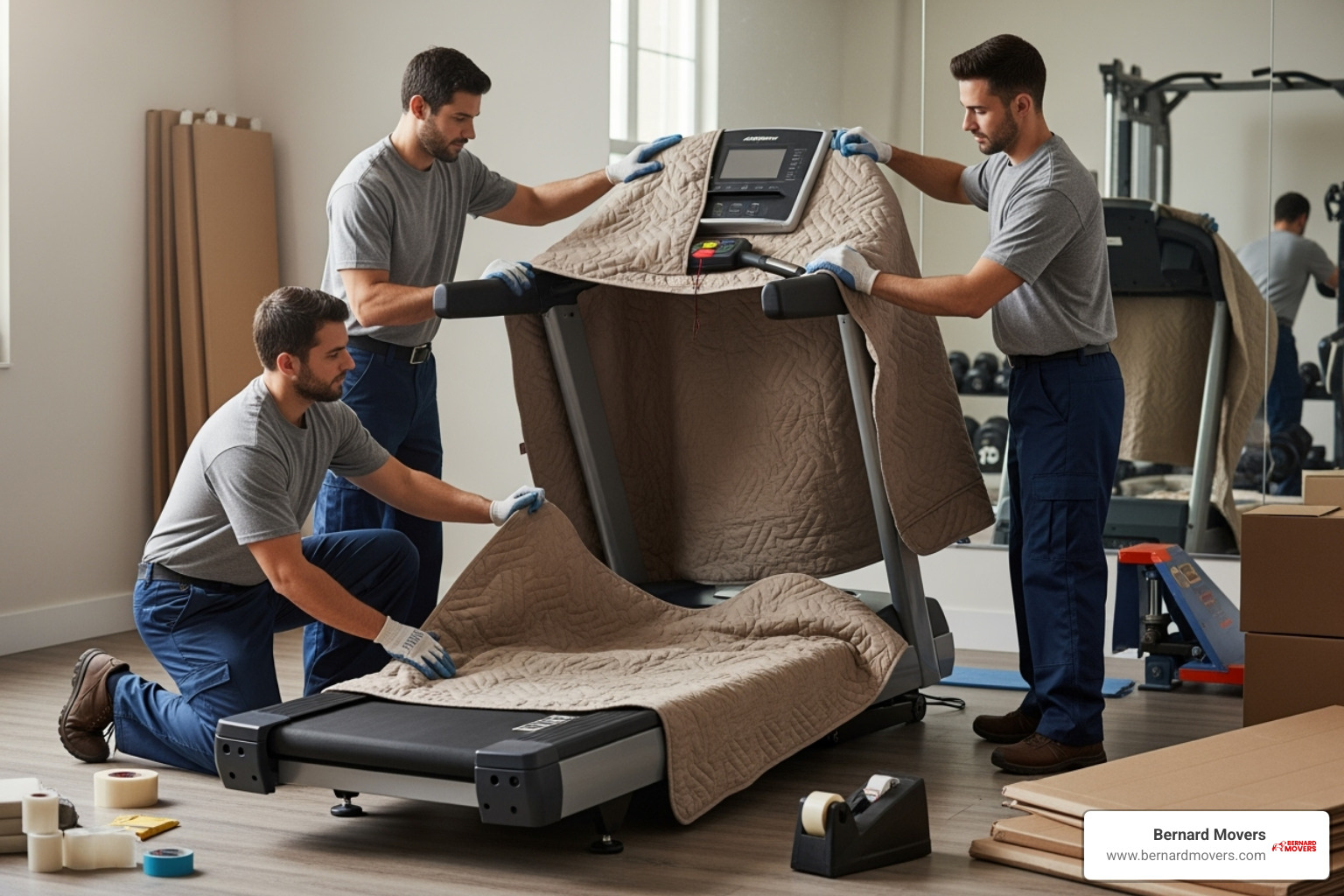 Movers carefully wrapping a treadmill in moving blankets - Exercise equipment movers