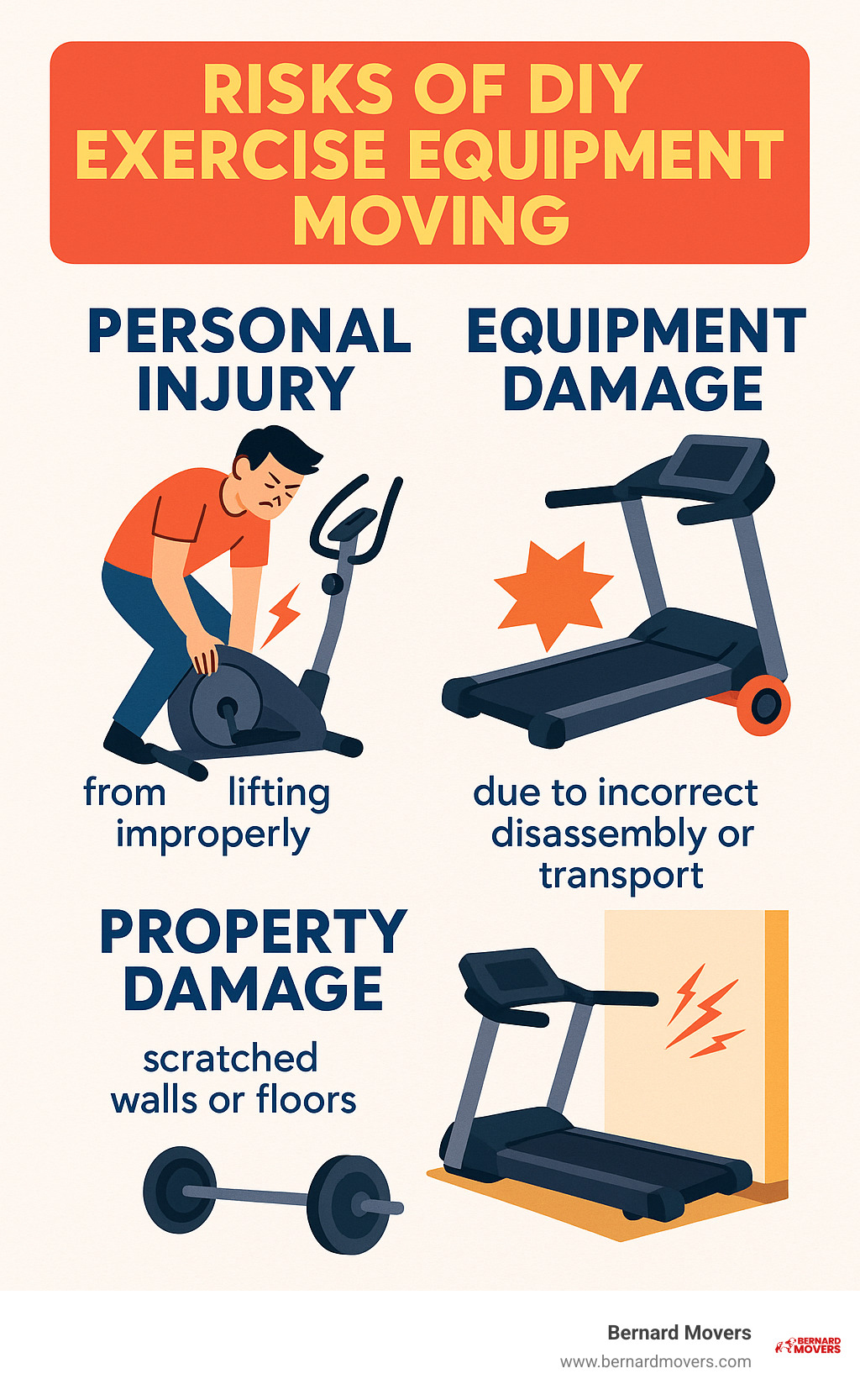 Infographic showing the three main risks of DIY exercise equipment moving: personal injury from lifting heavy items improperly, equipment damage from incorrect disassembly or transport, and property damage from scratched walls or floors during the moving process - Exercise equipment movers infographic 