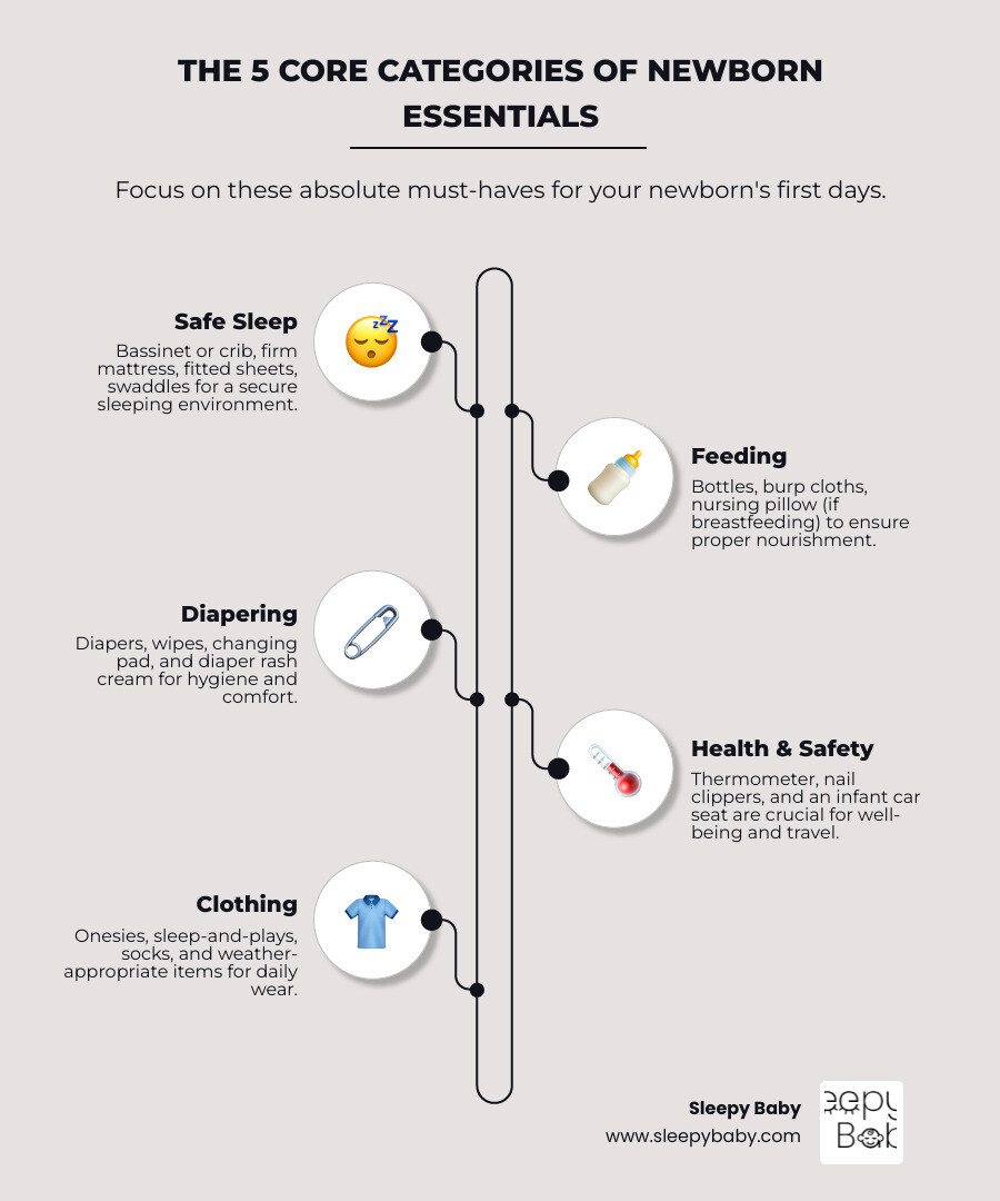 Detailed infographic showing the 5 core categories of newborn needs with icons and brief descriptions: Sleep essentials including bassinet and swaddles, Feeding supplies like bottles and burp cloths, Diapering items such as diapers and changing pad, Health and safety gear including thermometer and car seat, and Clothing basics like onesies and weather-appropriate items - absolute must haves for newborns infographic infographic-line-5-steps-neat_beige