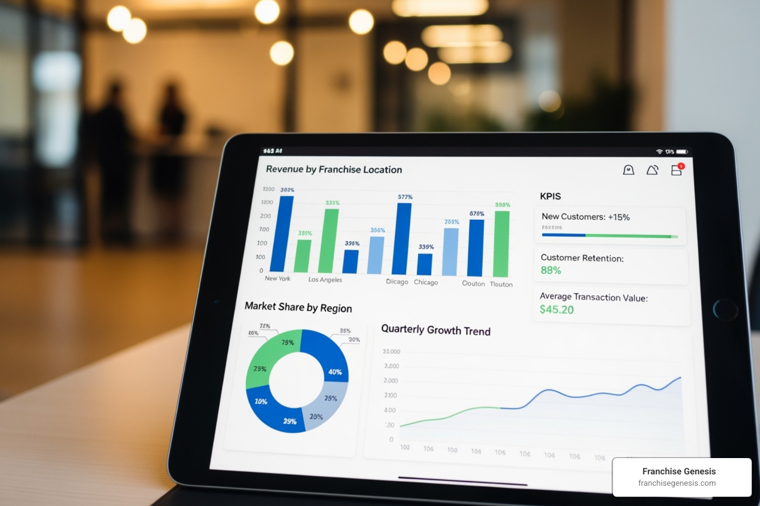 a tablet displaying a franchise performance dashboard - franchise innovation consulting