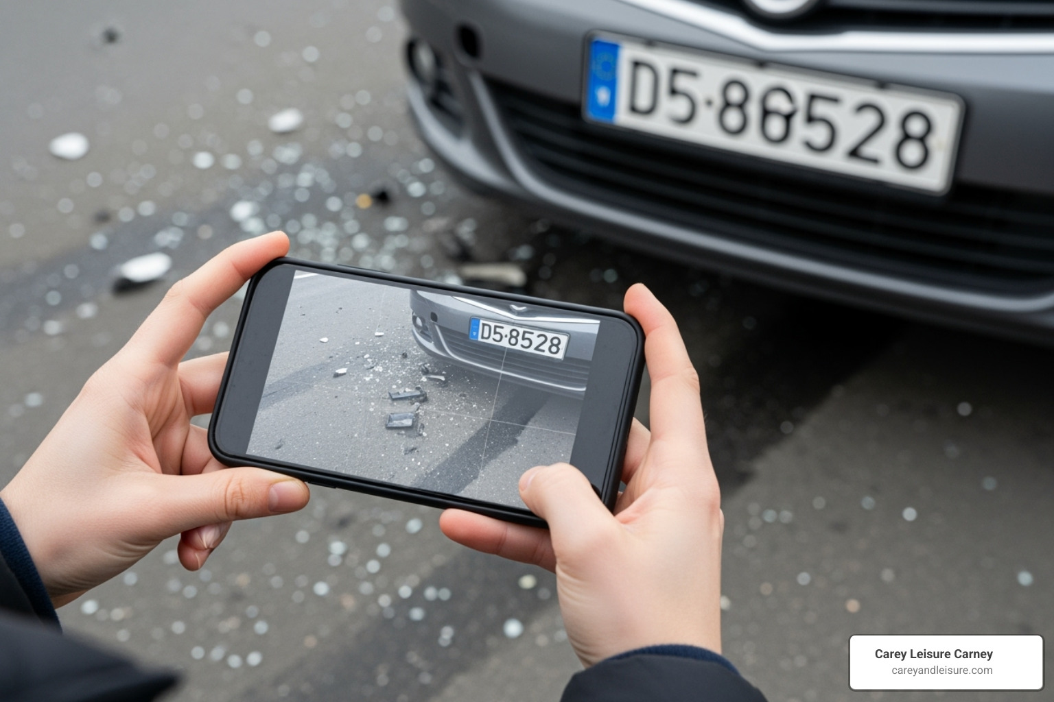 smartphone taking a photo of a license plate at an accident scene - pedestrian accident attorney