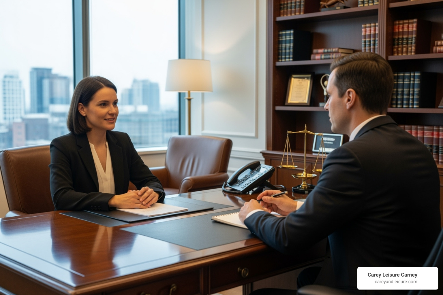person speaking calmly with their lawyer in a comfortable office setting - pedestrian accident attorney
