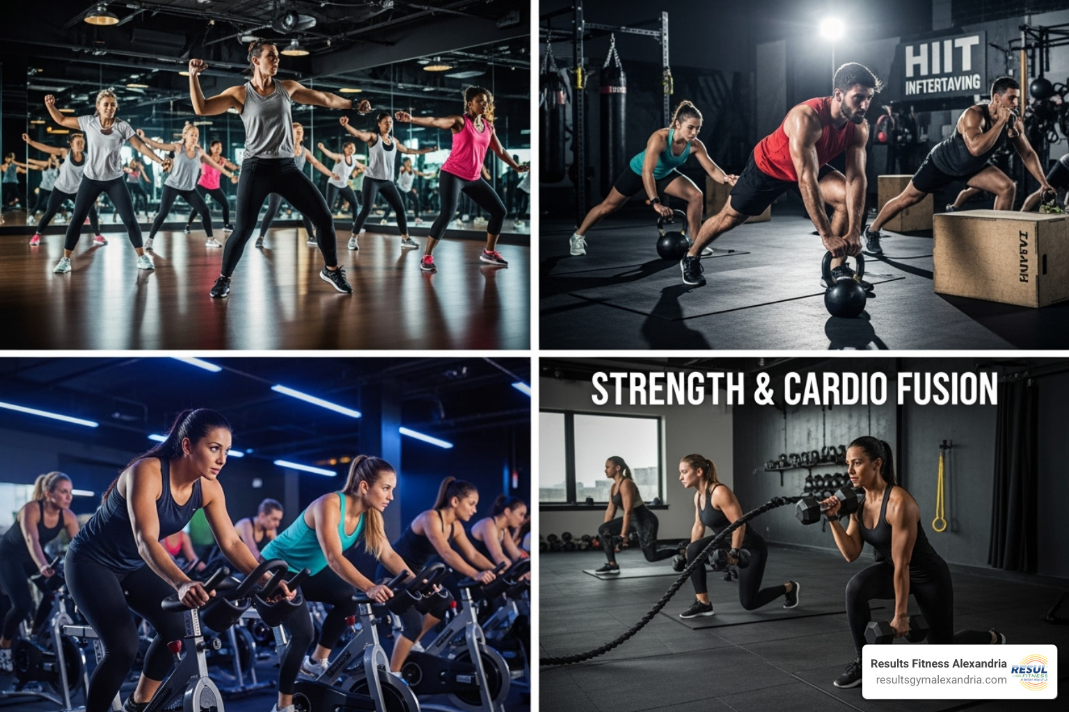 collage showing four different types of classes offered at Results Fitness Alexandria: a dance fitness class, a HIIT session, an indoor cycling class, and a strength & cardio fusion class - aerobic exercise classes collage showing four different types of classes offered at Results Fitness Alexandria: a dance fitness class, a HIIT session, an indoor cycling class, and a strength & cardio fusion class - aerobic exercise classes