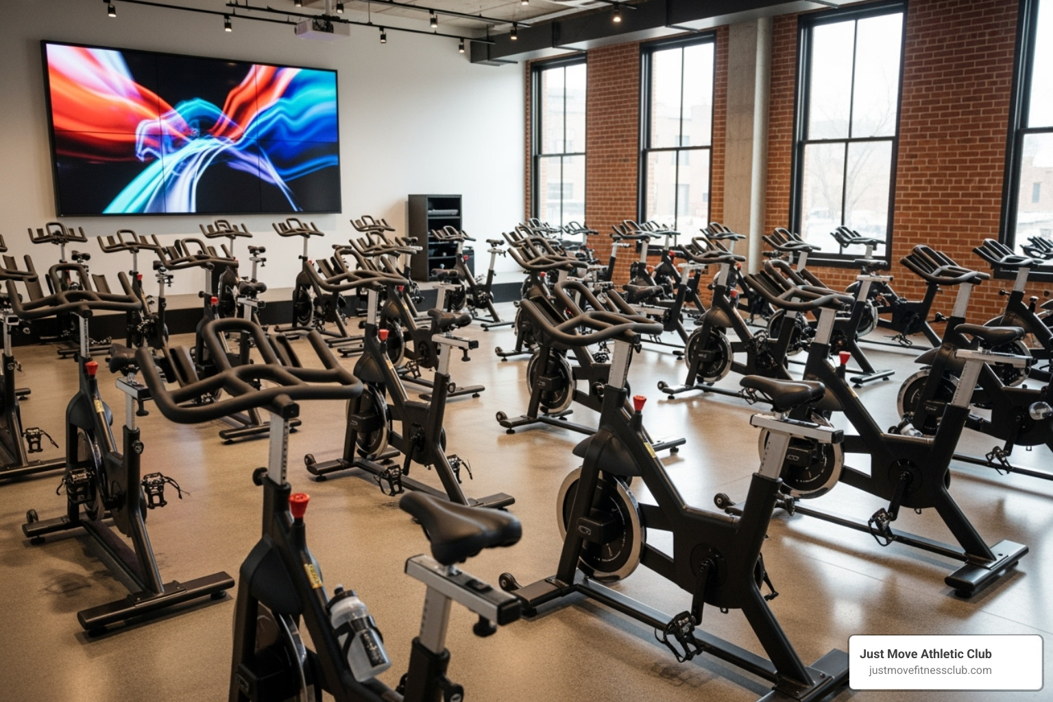A modern, clean spin studio with well-maintained bikes at Just Move Athletic Club - indoor spin classes near me A modern, clean spin studio with well-maintained bikes at Just Move Athletic Club - indoor spin classes near me