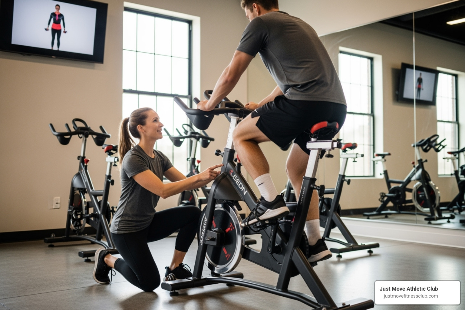 An instructor helping a new rider set up their bike - indoor spin classes near me An instructor helping a new rider set up their bike - indoor spin classes near me