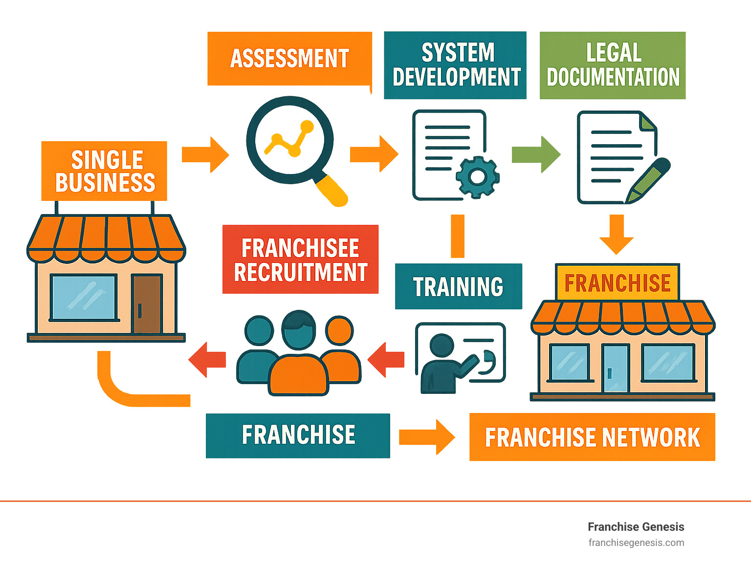 Detailed infographic showing the change journey from single successful business location to thriving multi-location franchise network, including key phases: assessment, system development, legal documentation, franchisee recruitment, training, and ongoing support - franchise innovation consulting infographic 