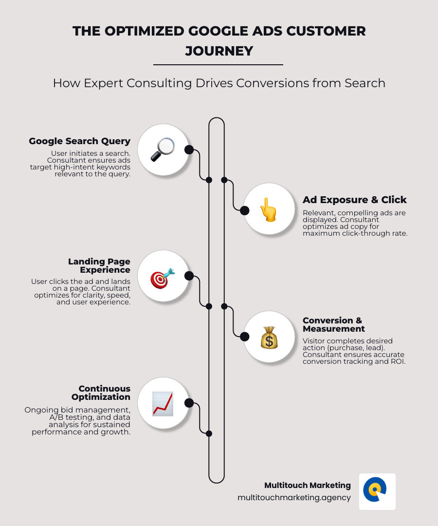 Infographic showing the customer journey from Google search query through ad click to landing page conversion, highlighting key optimization points where a consultant adds value: keyword targeting, ad copy testing, bid management, and landing page optimization - Google Ads consulting infographic infographic-line-5-steps-neat_beige