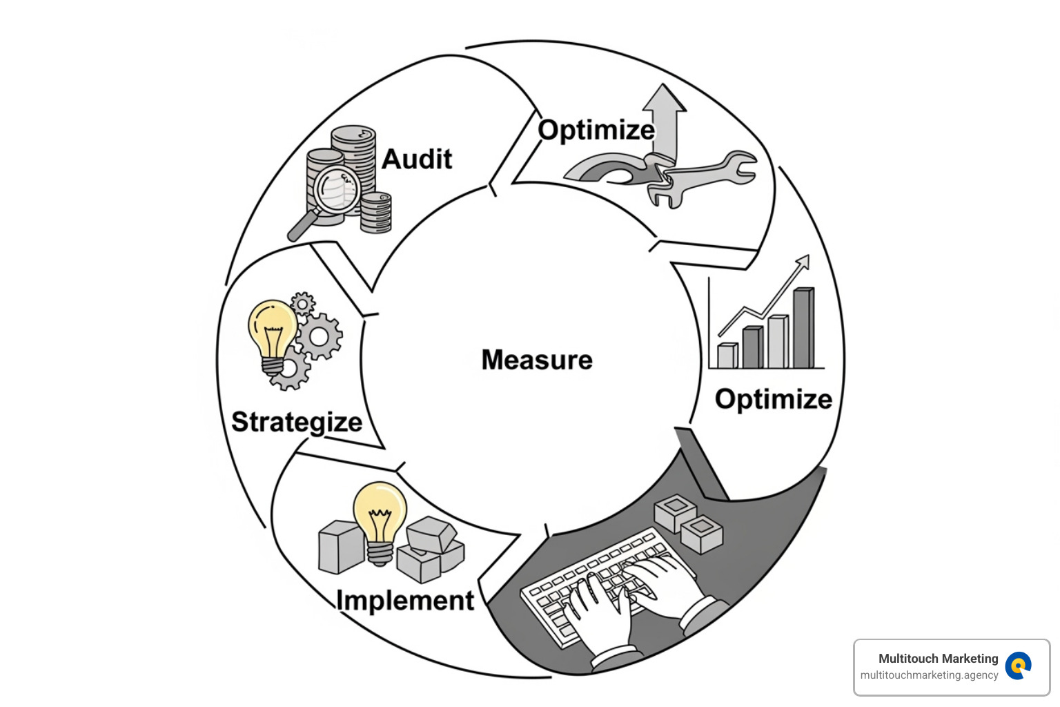 Image illustrating a cyclical process: Audit -> Strategize -> Implement -> Measure -> Optimize - Google Ads consulting