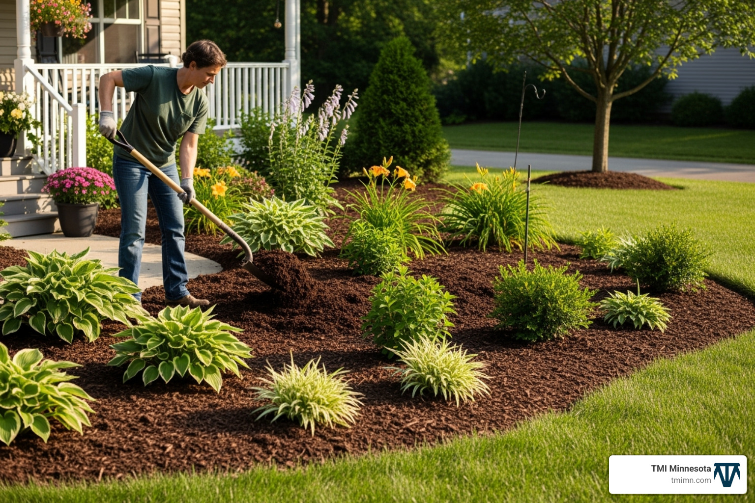homeowner mulching garden bed - front yard gardens homeowner mulching garden bed - front yard gardens