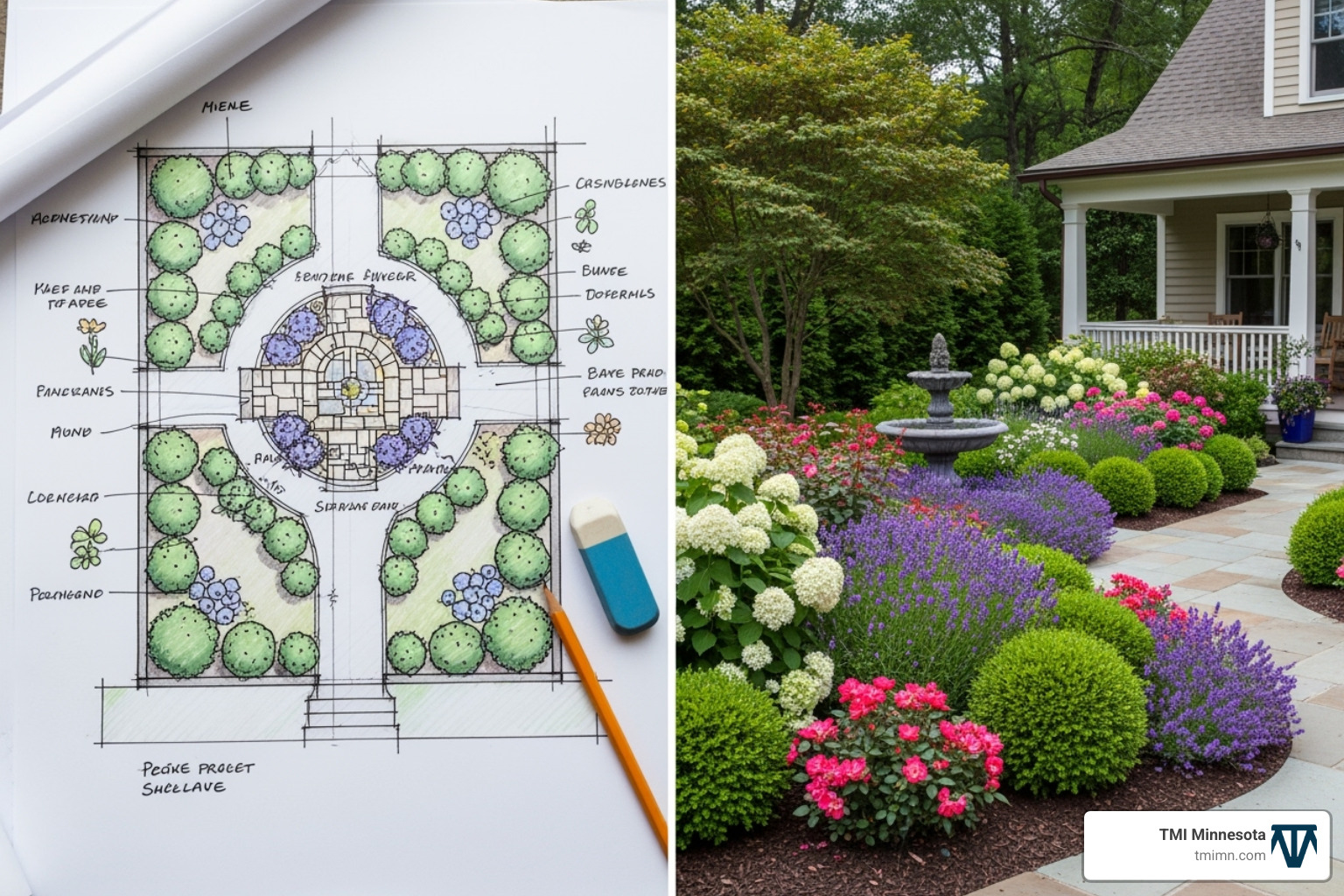 landscape design sketch next to finished garden - front yard gardens landscape design sketch next to finished garden - front yard gardens