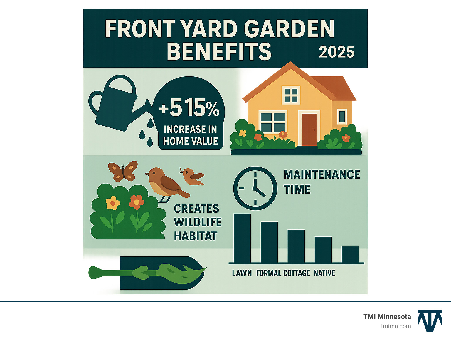 Comprehensive infographic showing front yard garden benefits including 5-15% home value increase, 50% water usage reduction with native plants, wildlife habitat creation, and maintenance time comparison between different garden styles - front yard gardens infographic Comprehensive infographic showing front yard garden benefits including 5-15% home value increase, 50% water usage reduction with native plants, wildlife habitat creation, and maintenance time comparison between different garden styles - front yard gardens infographic