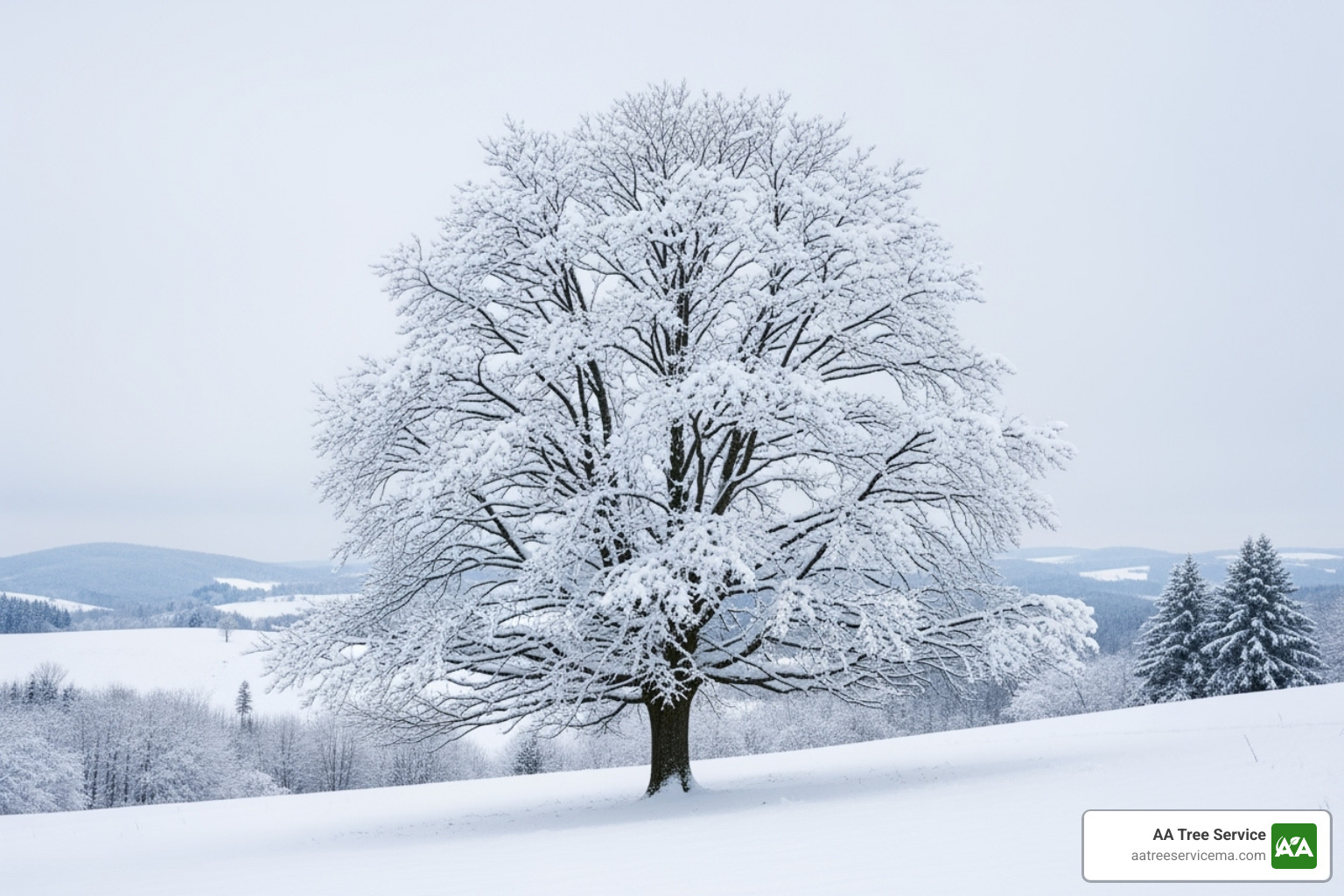 Snow-covered tree with heavy branches - tree care specialists