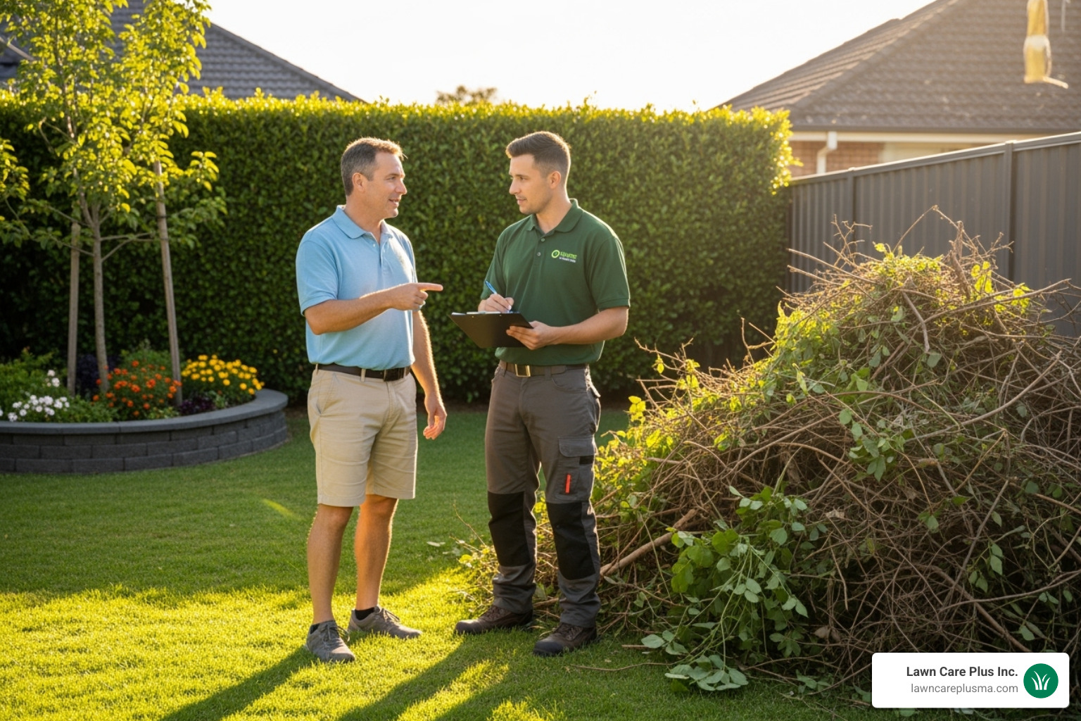 homeowner pointing out debris - yard debris cleanup service
