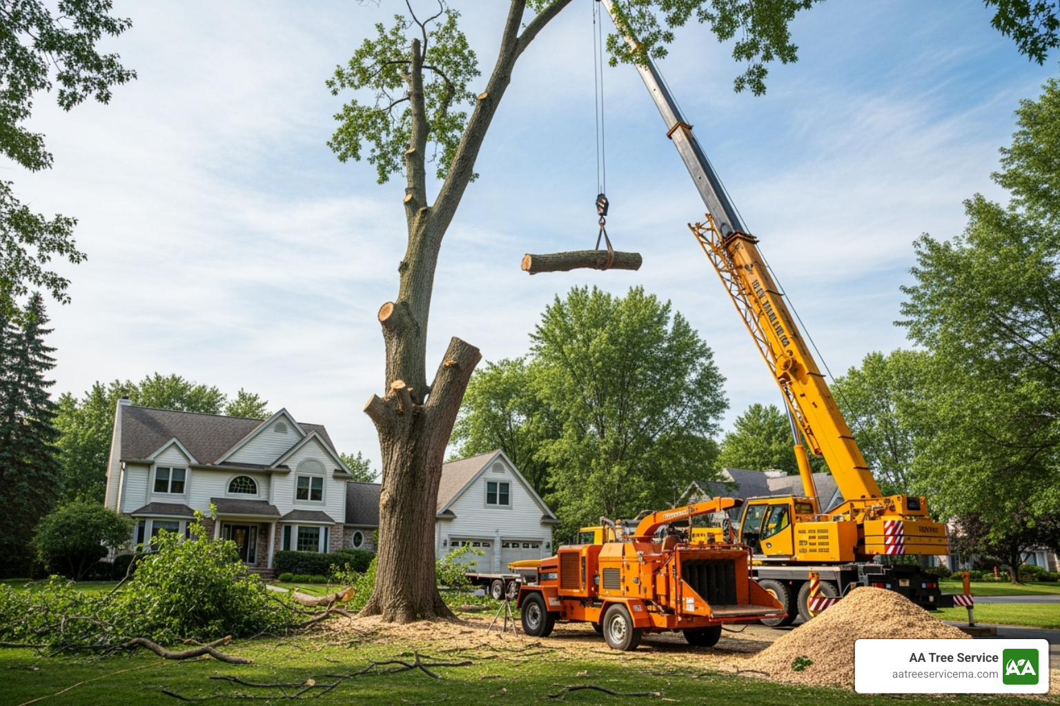 Tree removal crew safely working on a large tree near a home - tree care specialists