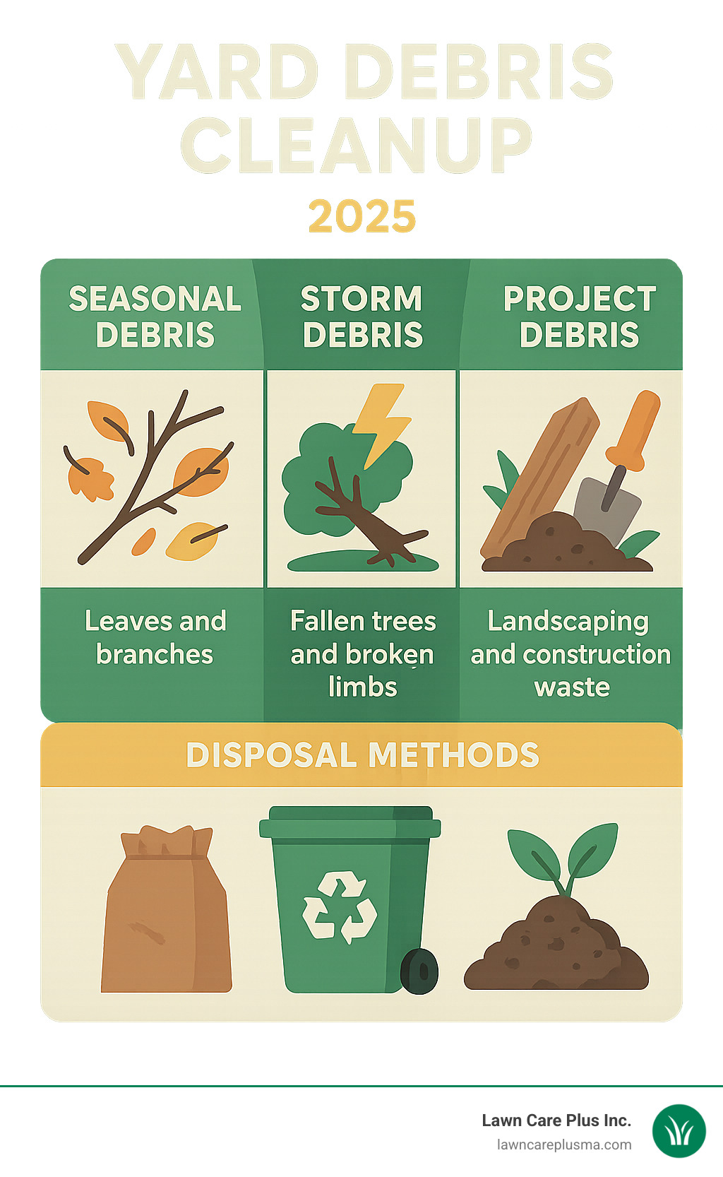 Infographic showing common types of yard debris including seasonal leaves and branches, storm damage debris like fallen trees and broken limbs, and project-based waste from landscaping renovations, garden cleanouts, and construction activities, with icons representing each category and disposal methods - yard debris cleanup service infographic 