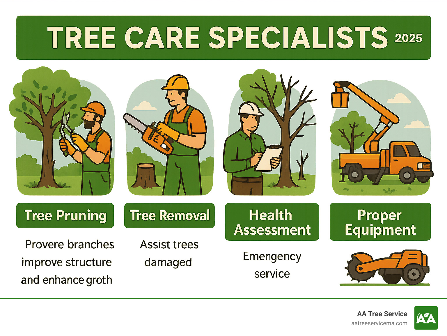 Comprehensive guide showing the core services provided by professional tree care specialists including pruning, removal, health assessment, emergency response, and specialized equipment usage - tree care specialists infographic 