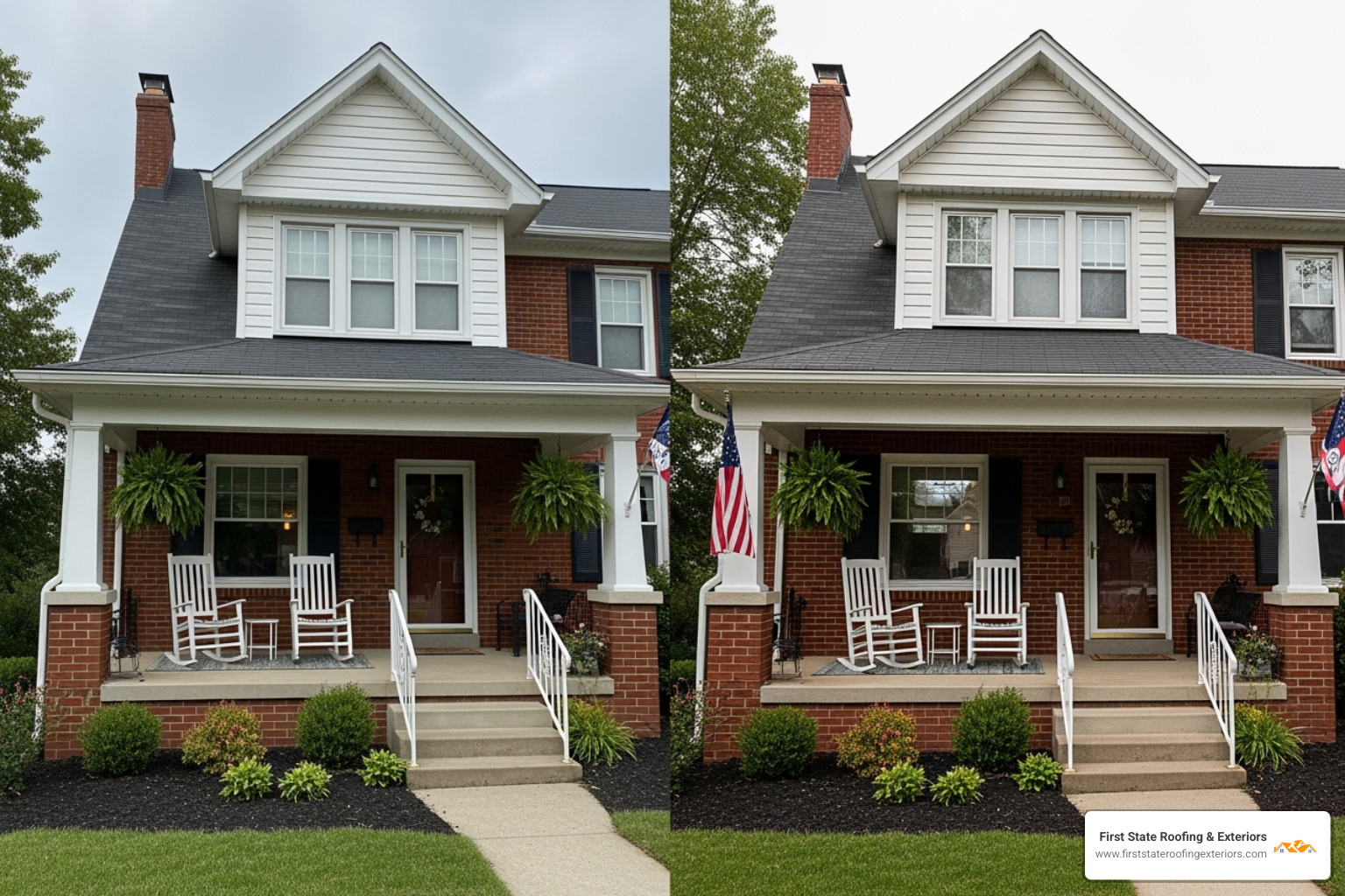 Porch before and after conversion - change porch flat roof to pitched