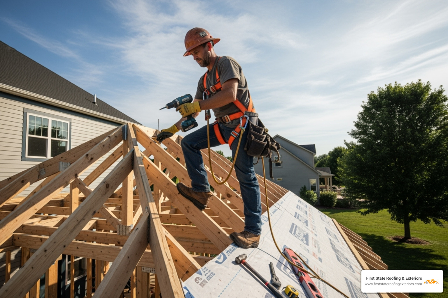 Roofing contractor framing a new pitched roof on a porch - change porch flat roof to pitched