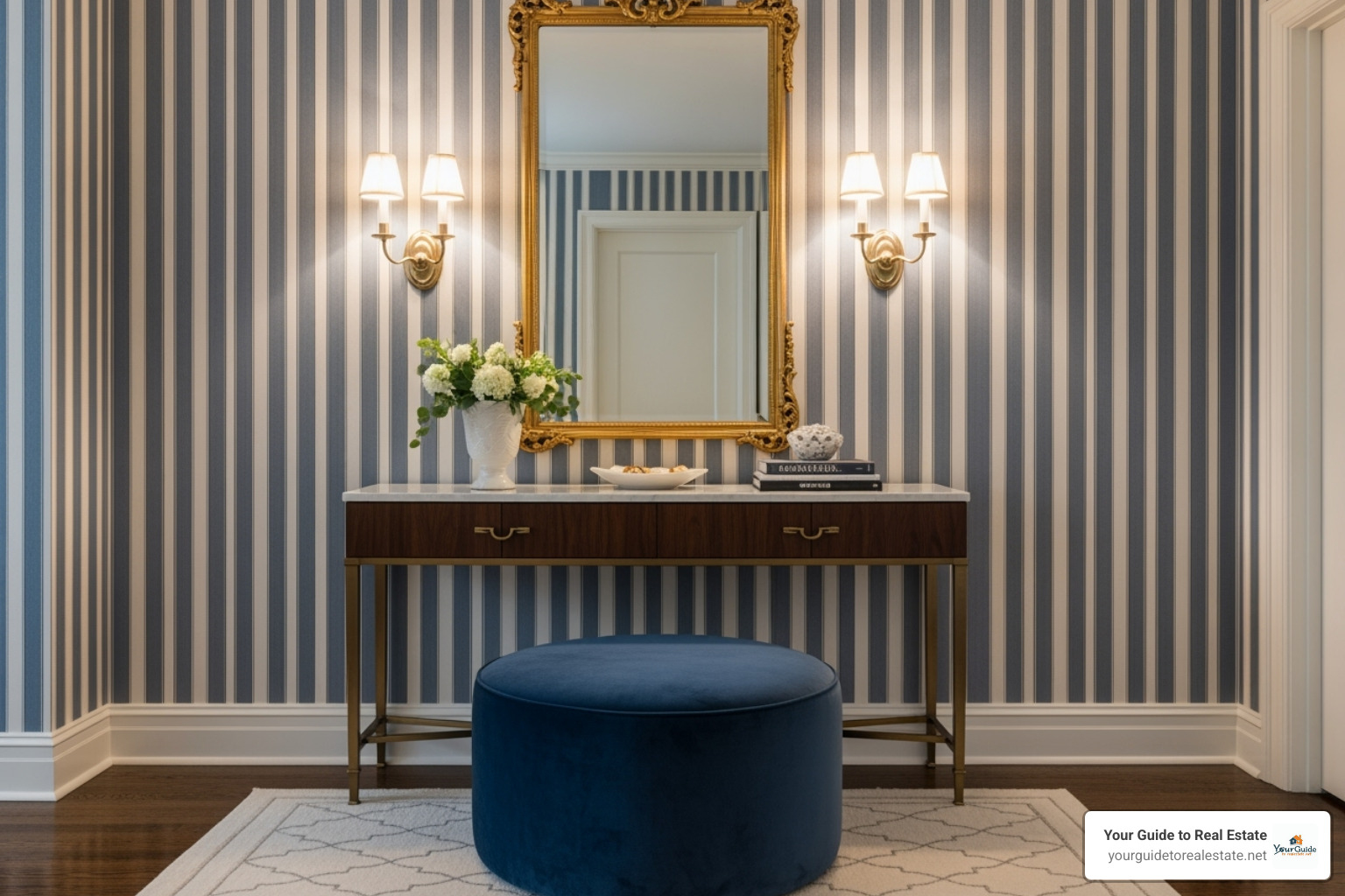 sophisticated entryway with navy and white striped wallpaper - preppy wallpaper